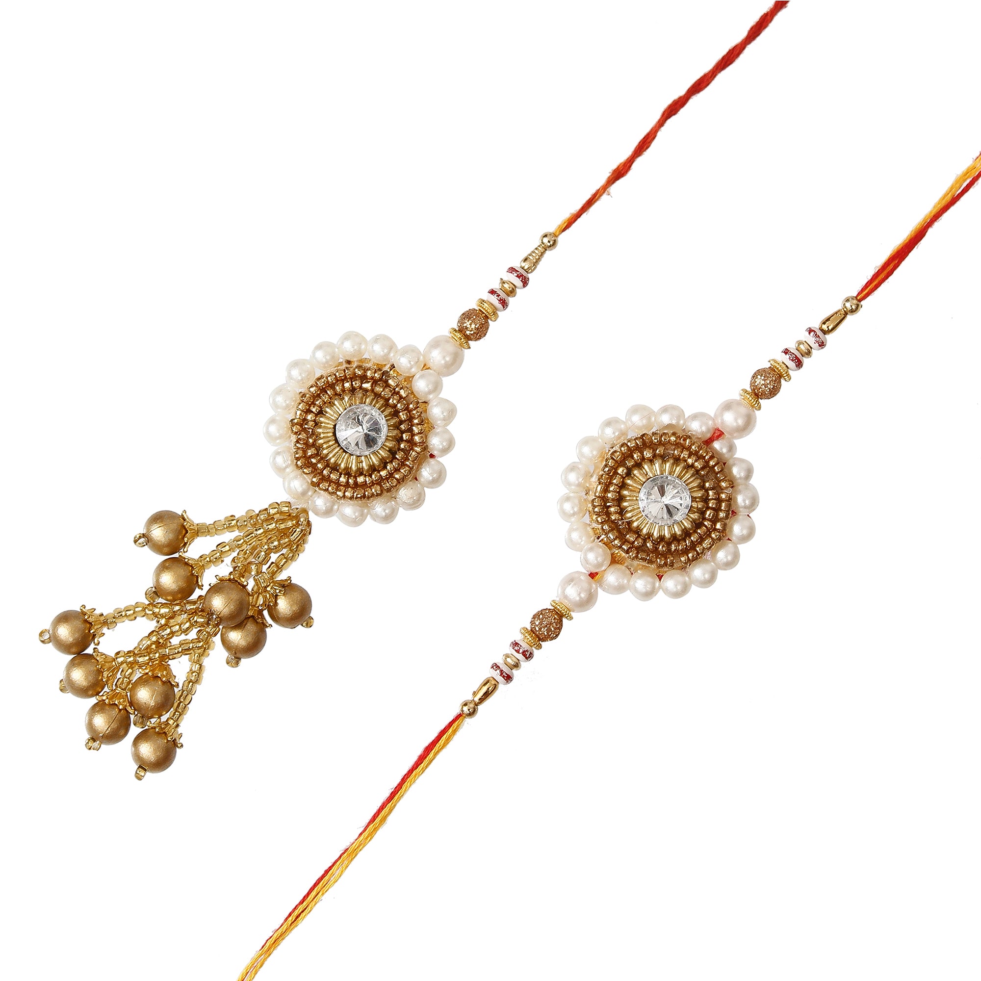 Golden & White Beads, Pearl, Diamond Designer Bhaiya Bhabhi Rakhis with Roli Chawal Pack 1