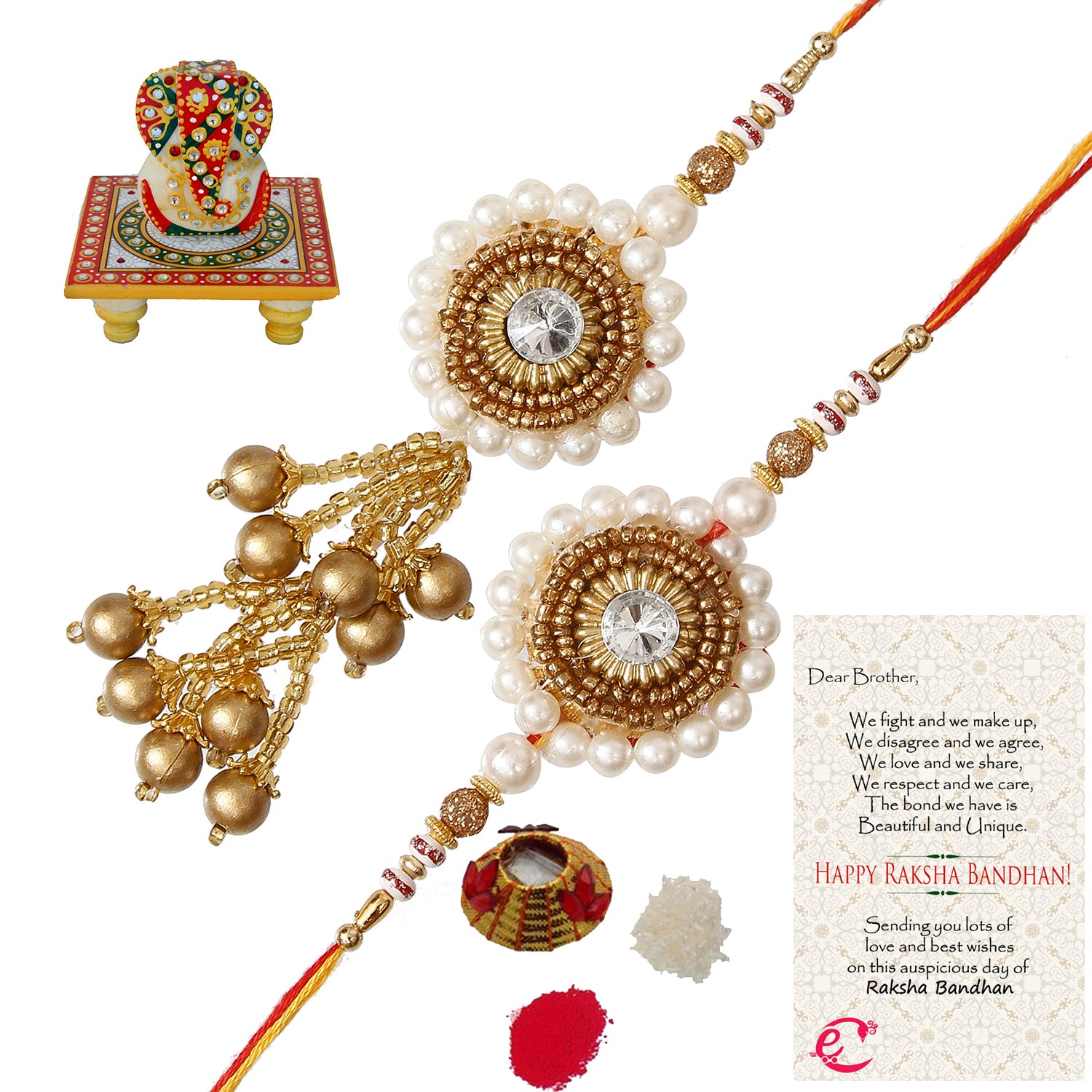 Designer Bhaiya Bhabhi Rakhi with Lord Ganesha on Kundan Studded Marble Chowki and Roli Tikka Matki, Best Wishes Greeting Card