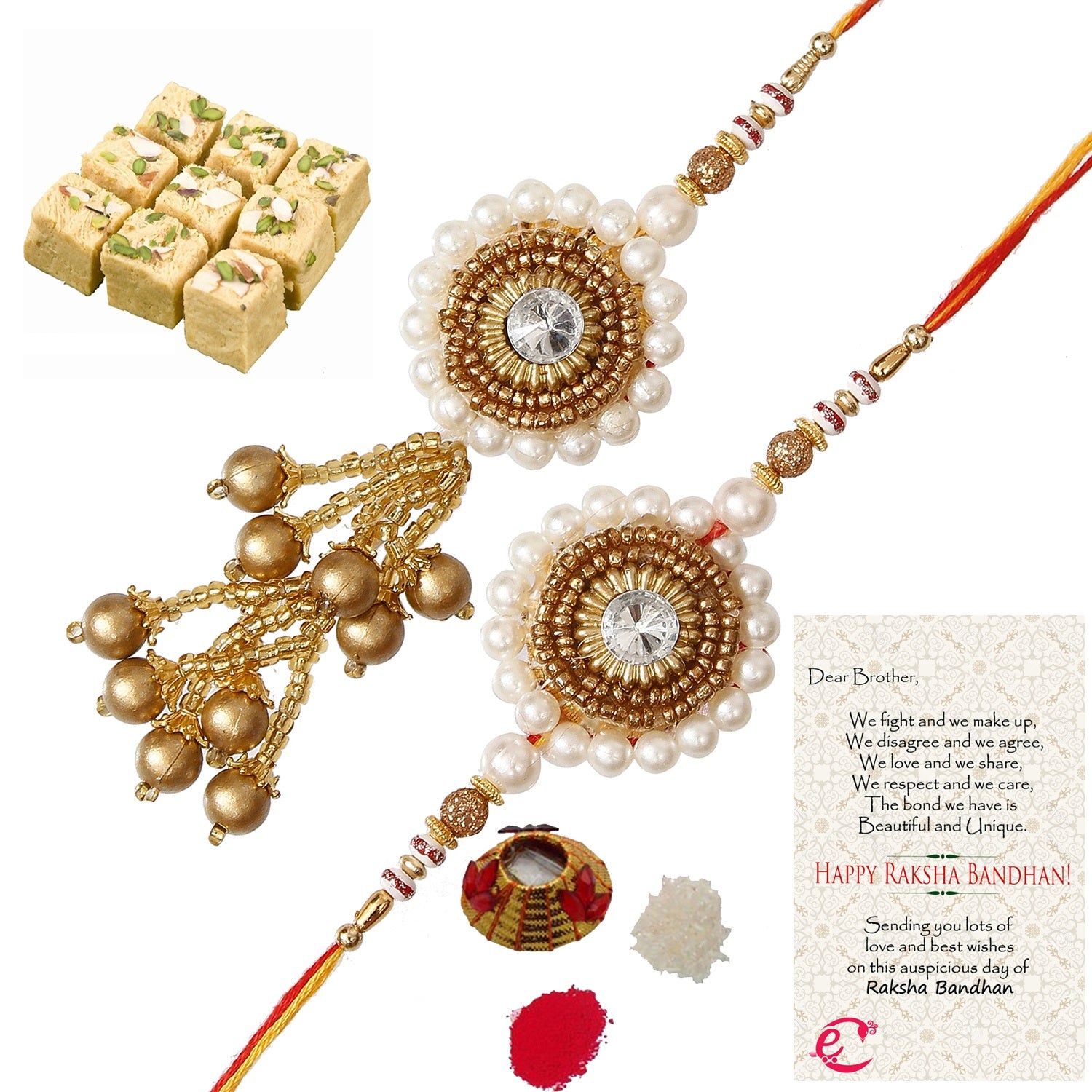 Designer Bhaiya Bhabhi Rakhi with Soan Papdi (500 Gm) and Roli Tikka Matki, Best Wishes Greeting Card