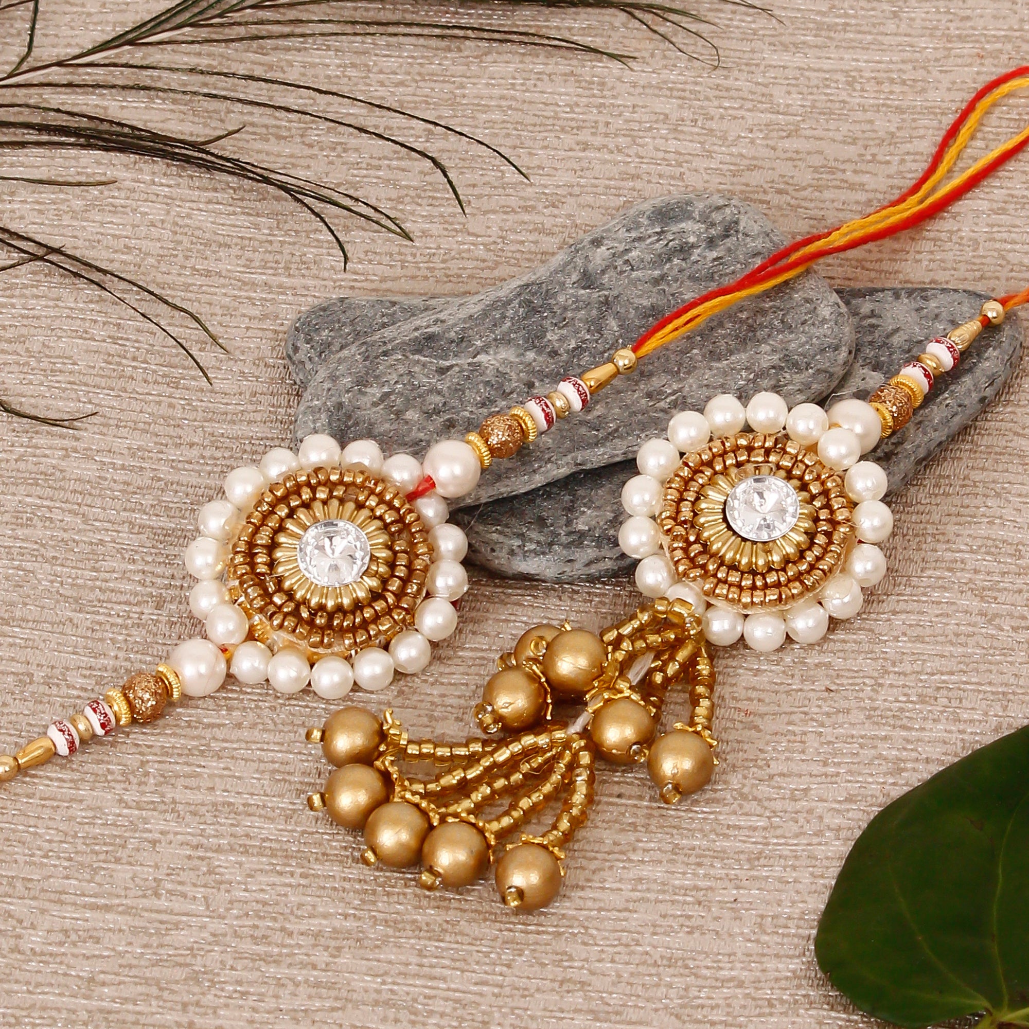 Golden & White Beads, Pearl, Diamond Designer Bhaiya Bhabhi Rakhis with Roli Chawal Pack