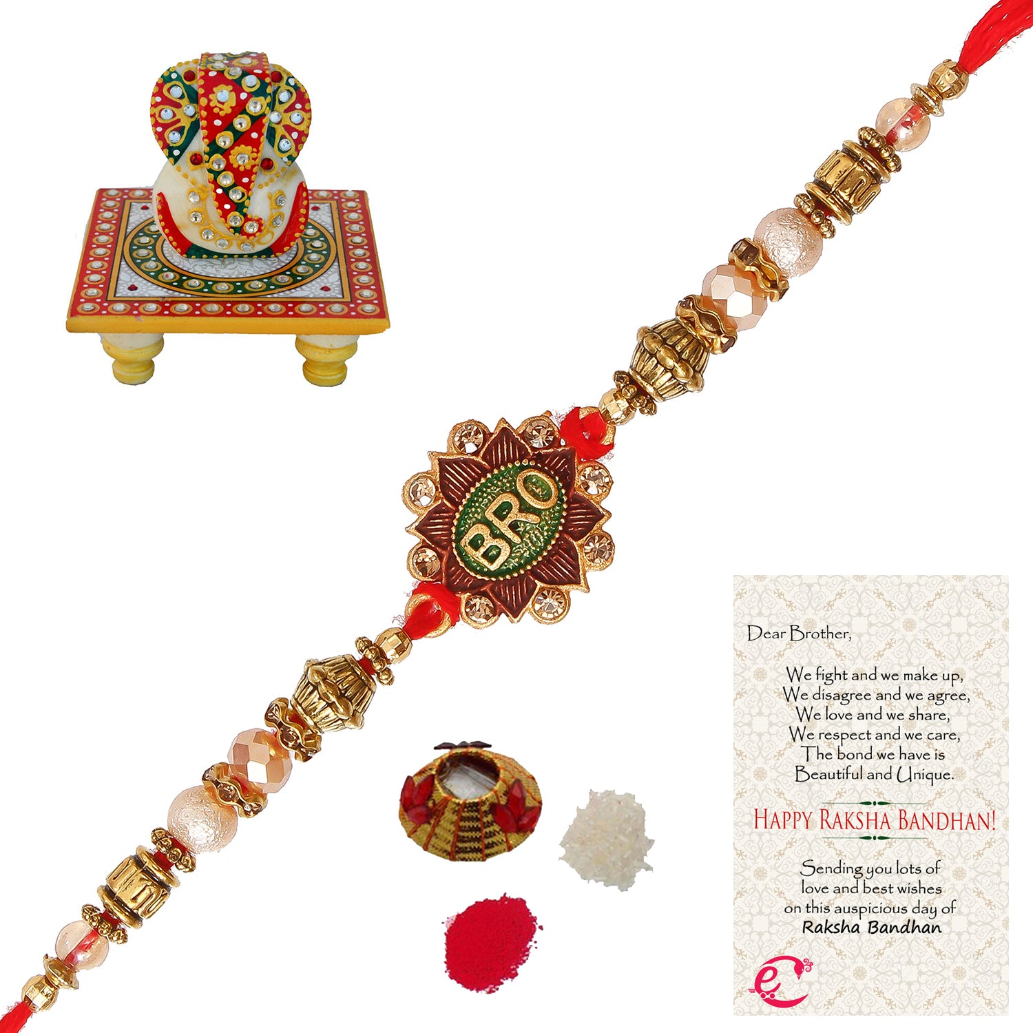 Designer Rakhi with Lord Ganesha on Kundan Studded Marble Chowki and Roli Tikka Matki, Best Wishes Greeting Card
