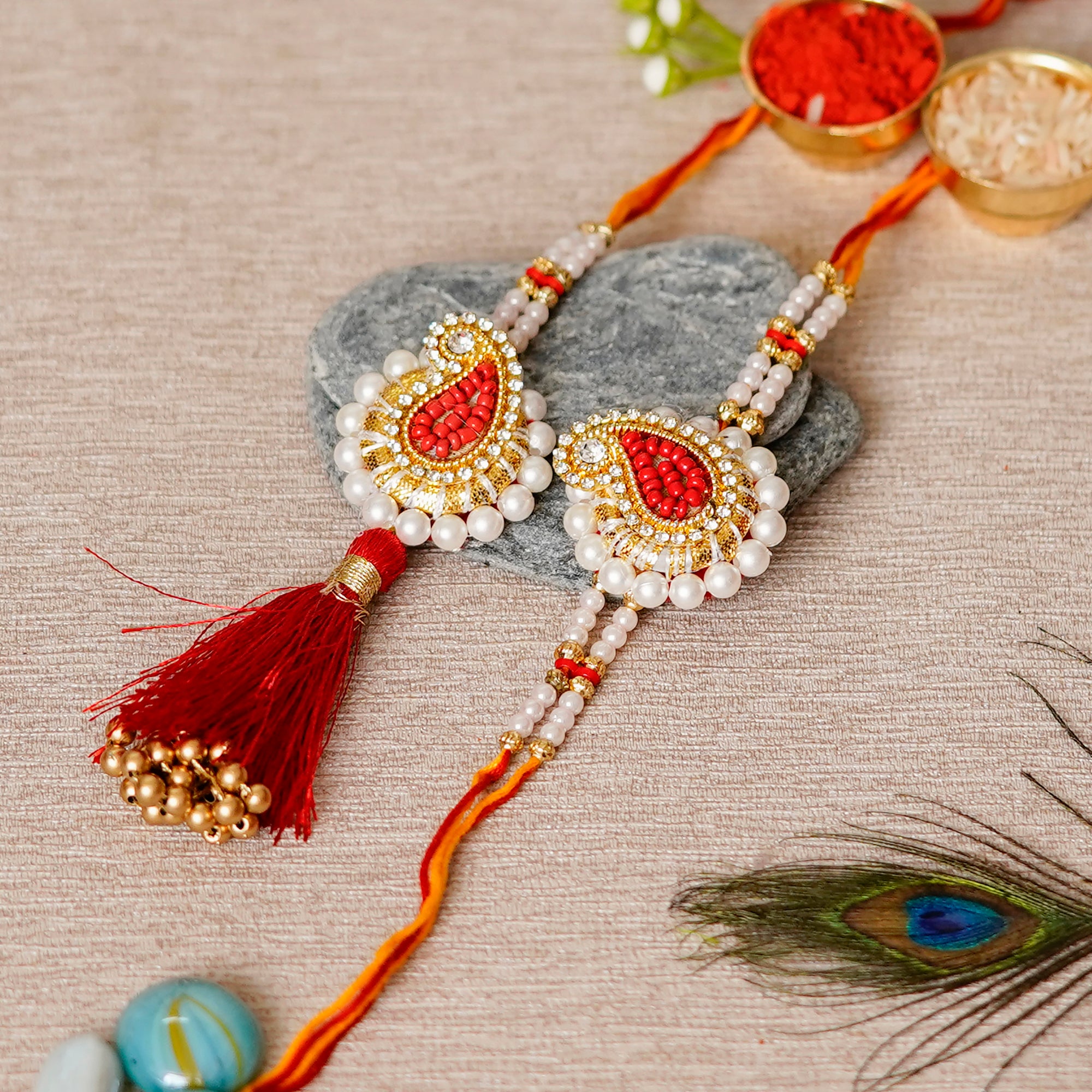 Designer Handcrafted Premium Bhaiya Bhabhi Rakhi with Lord Ganesha on Kundan Studded Marble Chowki and Roli Chawal Pack 1