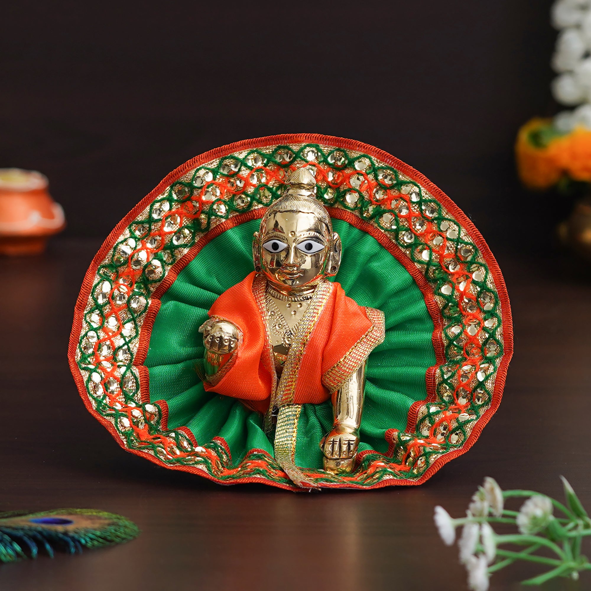 Green & Orange Decorative Baal Gopal Cotton Vastra/dress (Size 2)