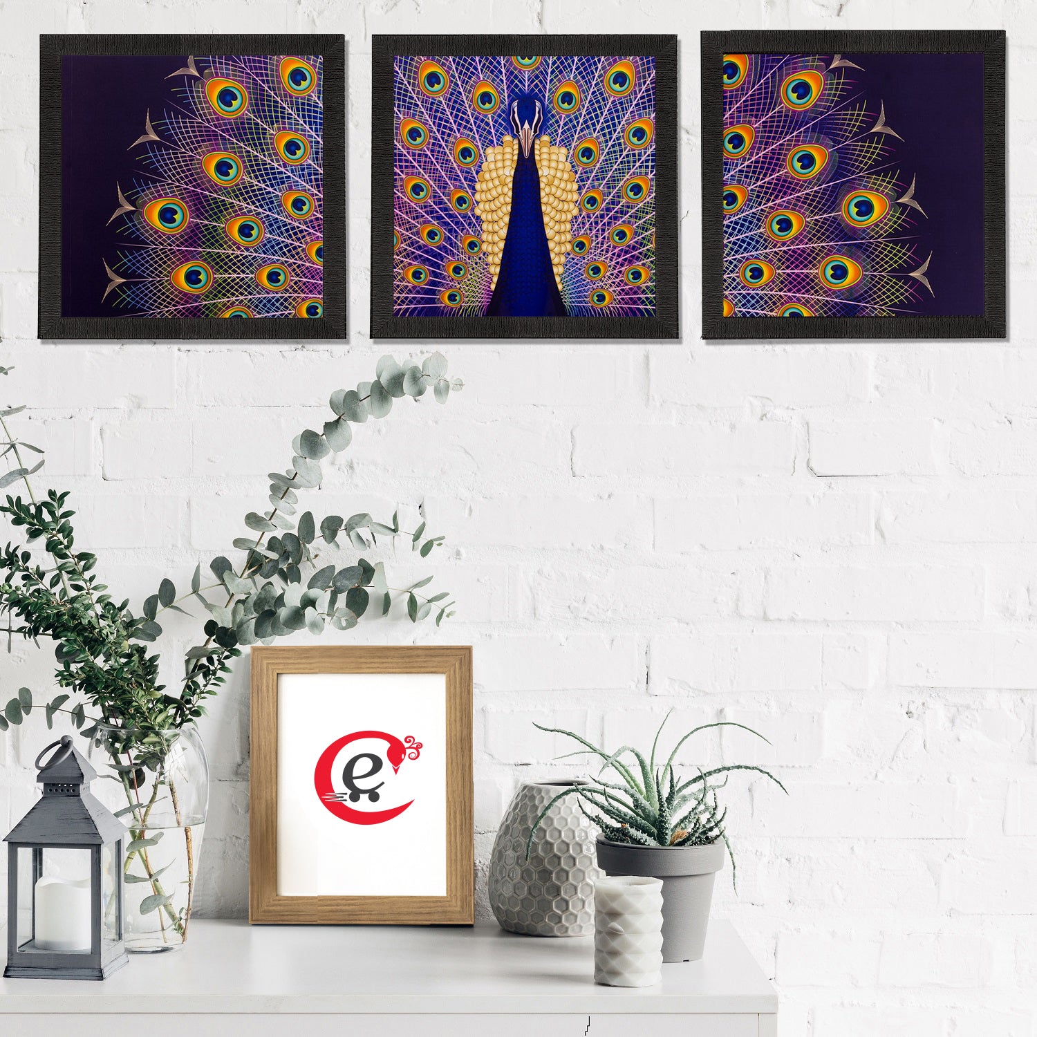 Set of 3 Peacock Feather Matt Textured UV Art Painting 1