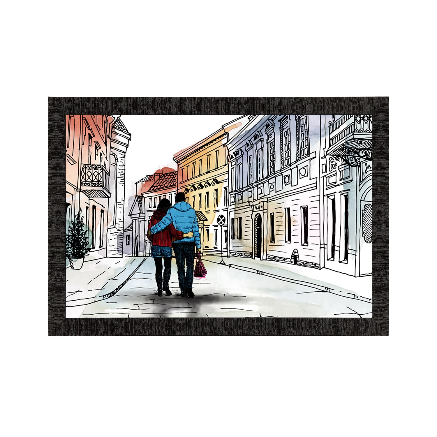 Romantic Couple Walking on Streets Valentine Theme Satin Matt Texture UV Art Painting