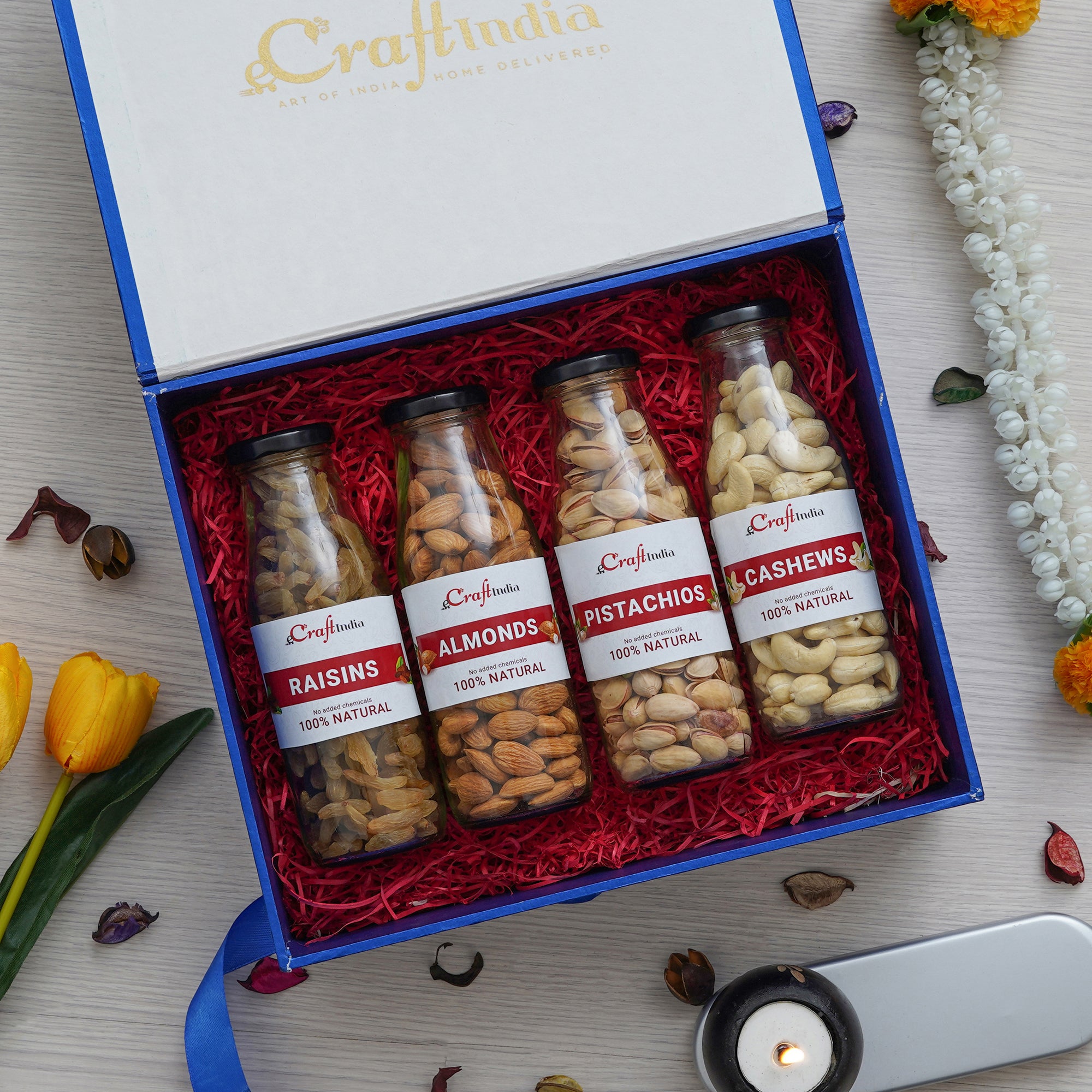 eCraftIndia Healthy Snack Hamper - Set of 4 Raisins, Almonds, Pistachios, Cashews Dry Fruits Bottles (150gms Each)
