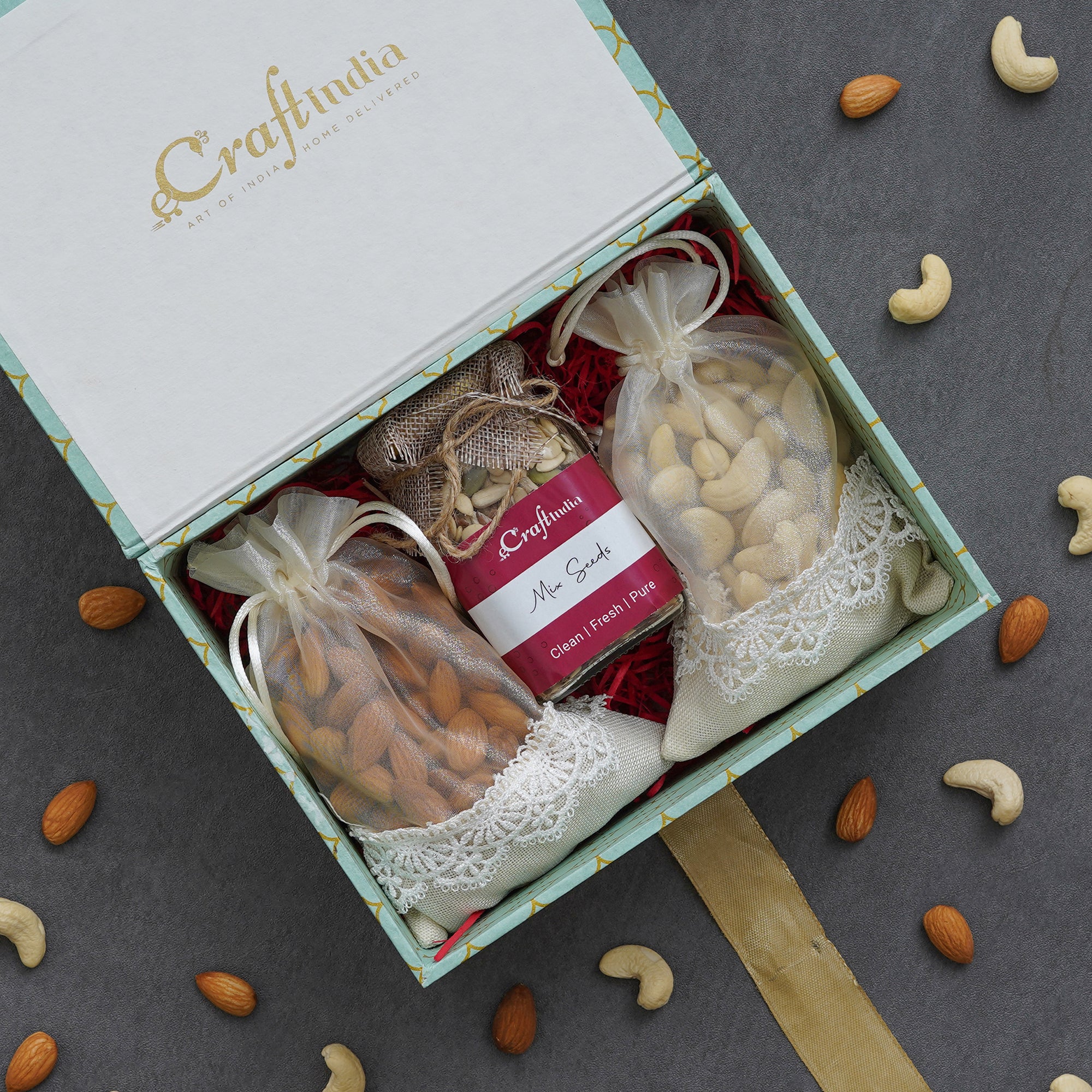 eCraftIndia The Festive Munching Box - 2 Potlis of Cashews, Almonds Dry Fruits (200gms Each), 1 Jar of Mix seeds (100gms)