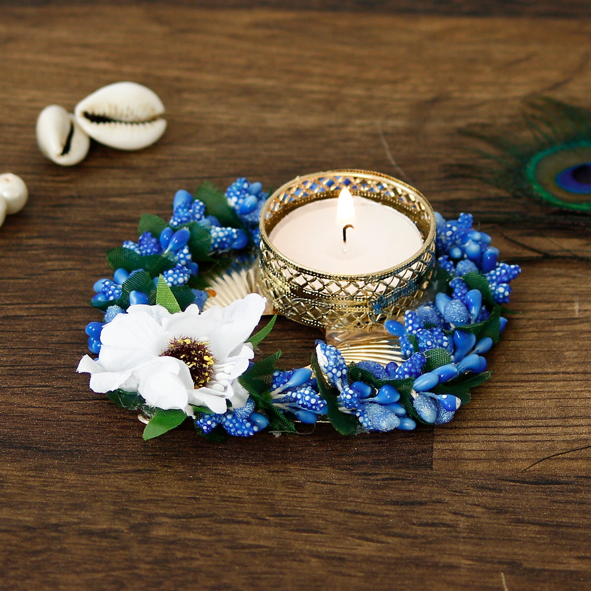 Decorative Handcrafted Blue Floral Leaf Shape Tea Light Holder 1