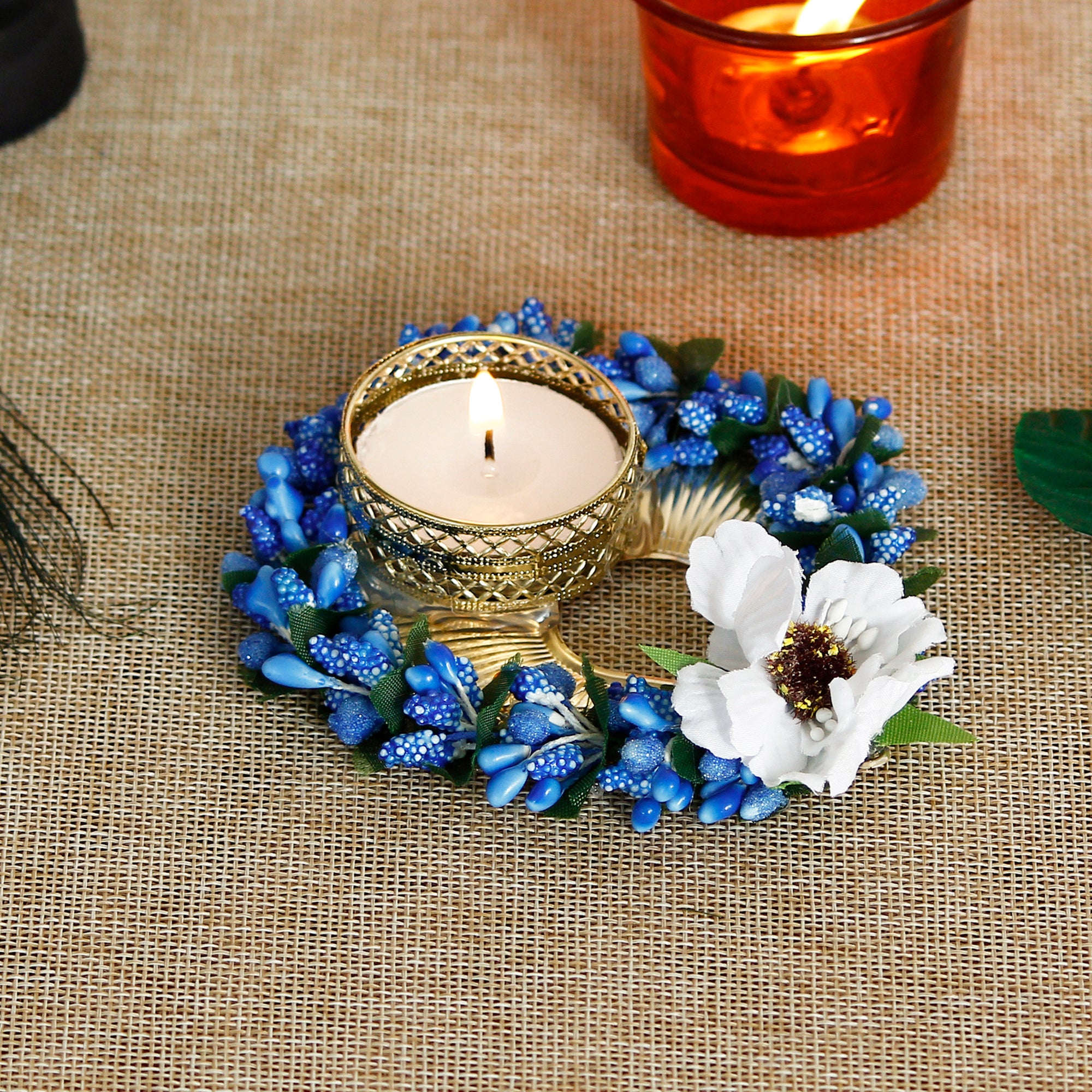 Decorative Handcrafted Blue Floral Leaf Shape Tea Light Holder