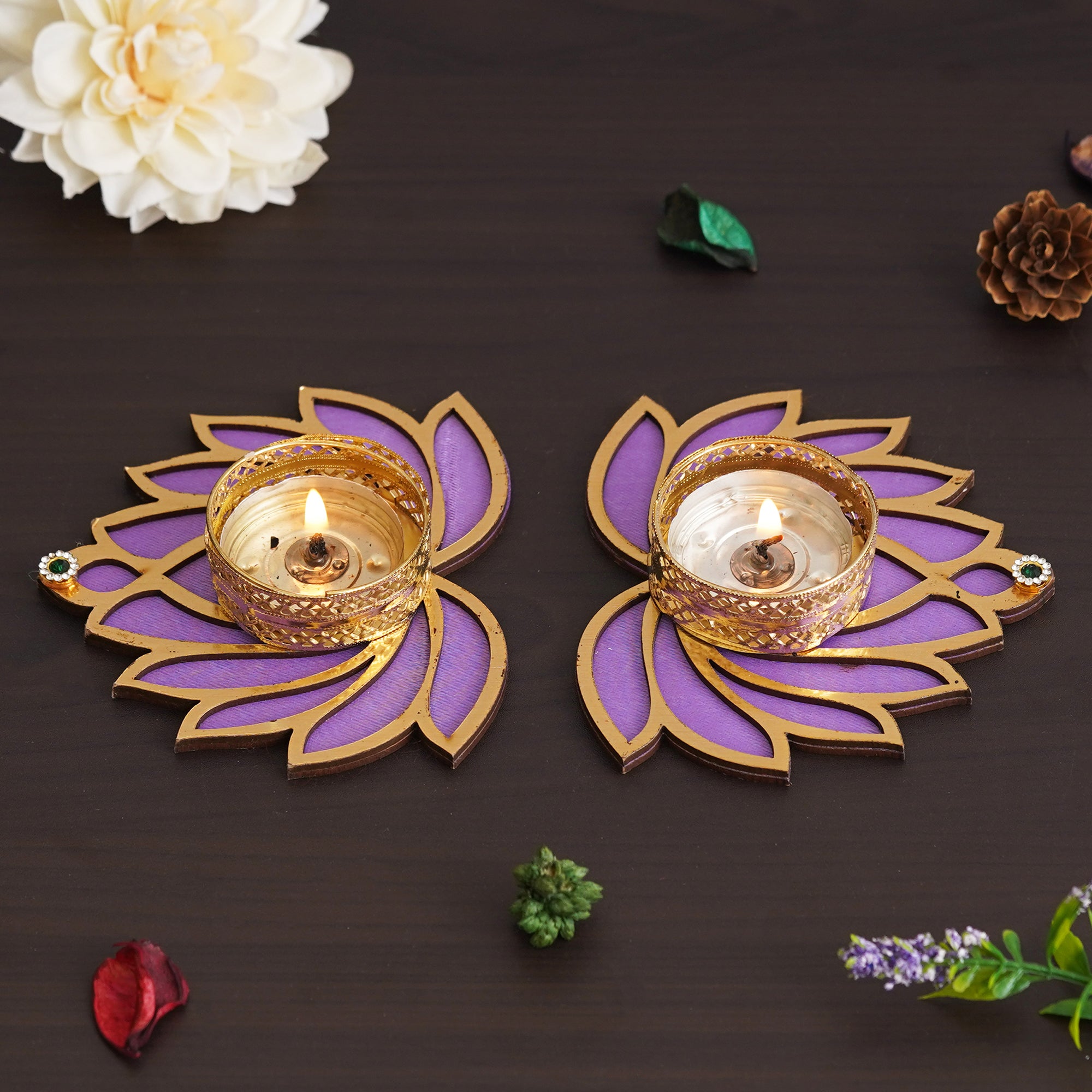 eCraftIndia Golden and Purple Beautiful Lotus Design Tea Light Candle Holders (Set of 2)