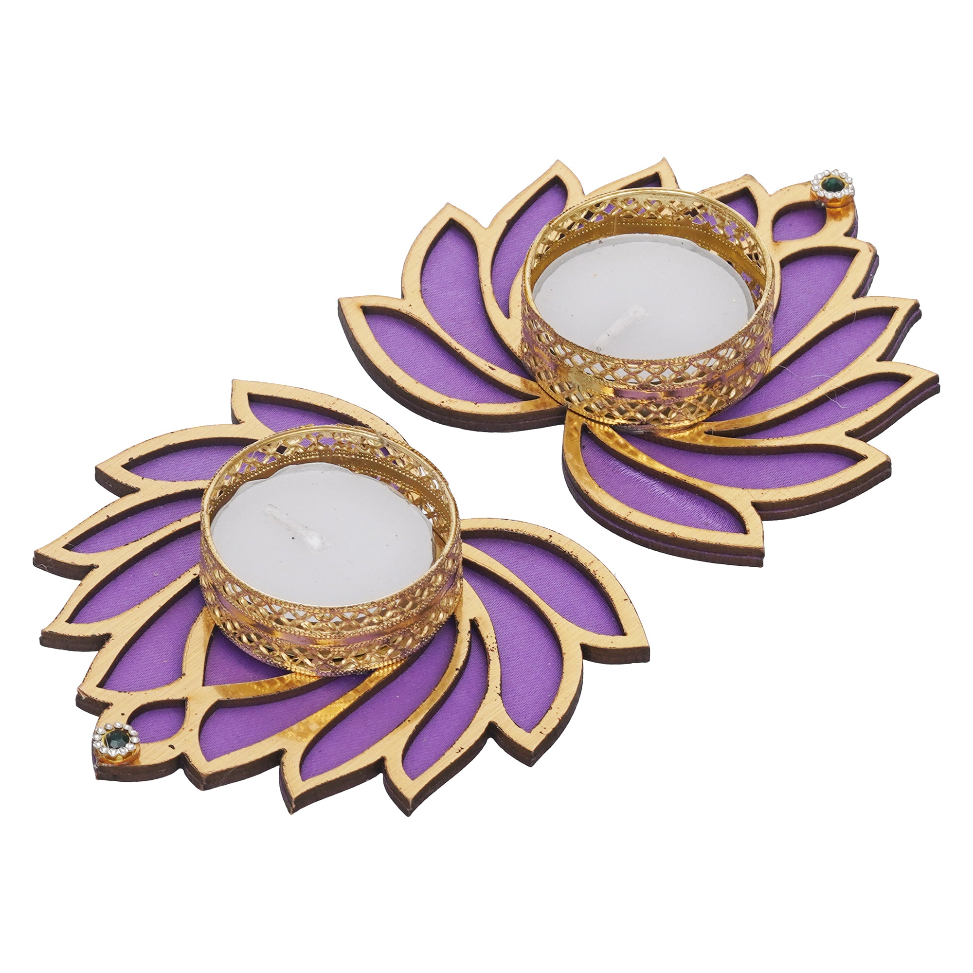 eCraftIndia Golden and Purple Beautiful Lotus Design Tea Light Candle Holders (Set of 2) 2