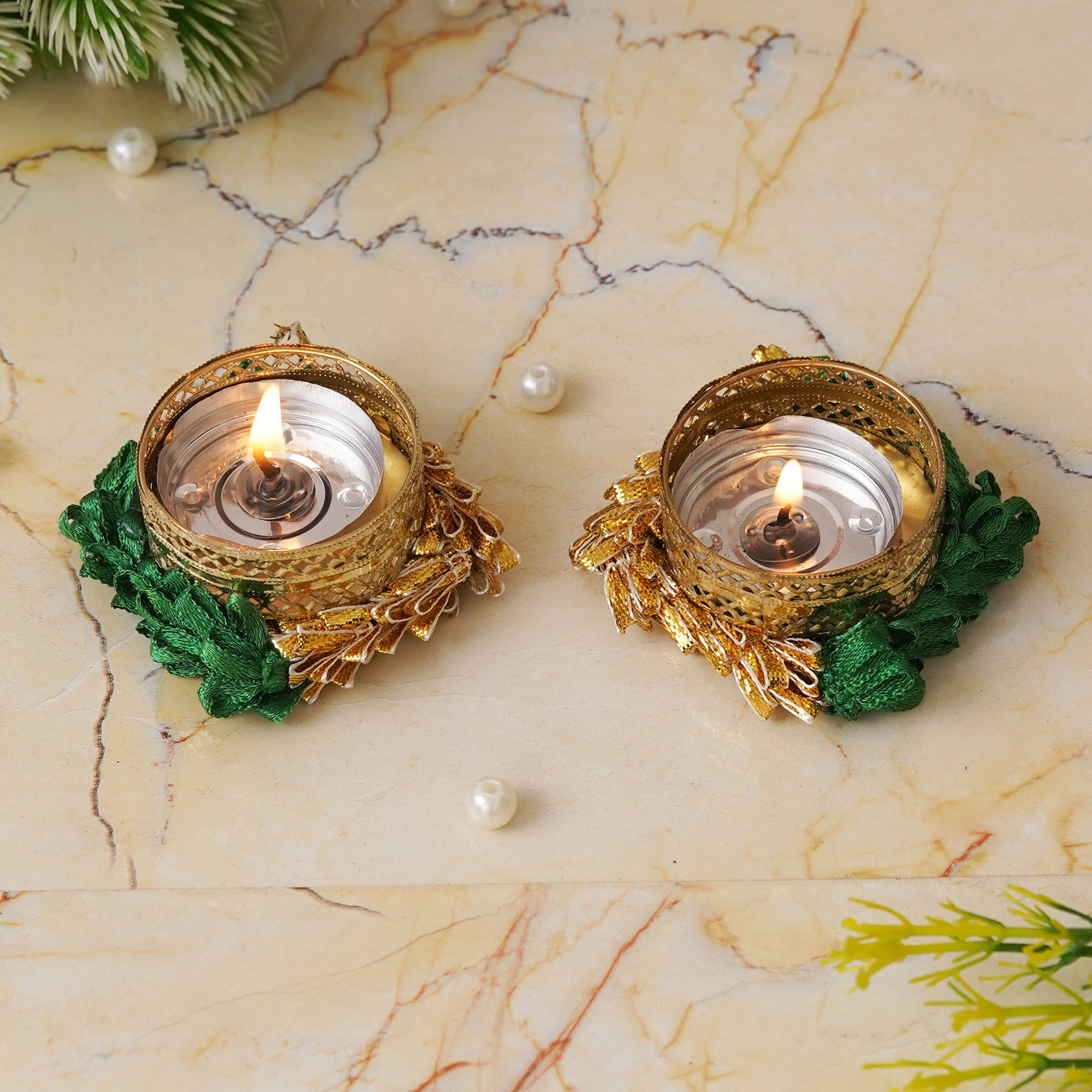 eCraftIndia Set of 2 Green and Golden Handcrafted Decorative Tea Light Candle Holders 1