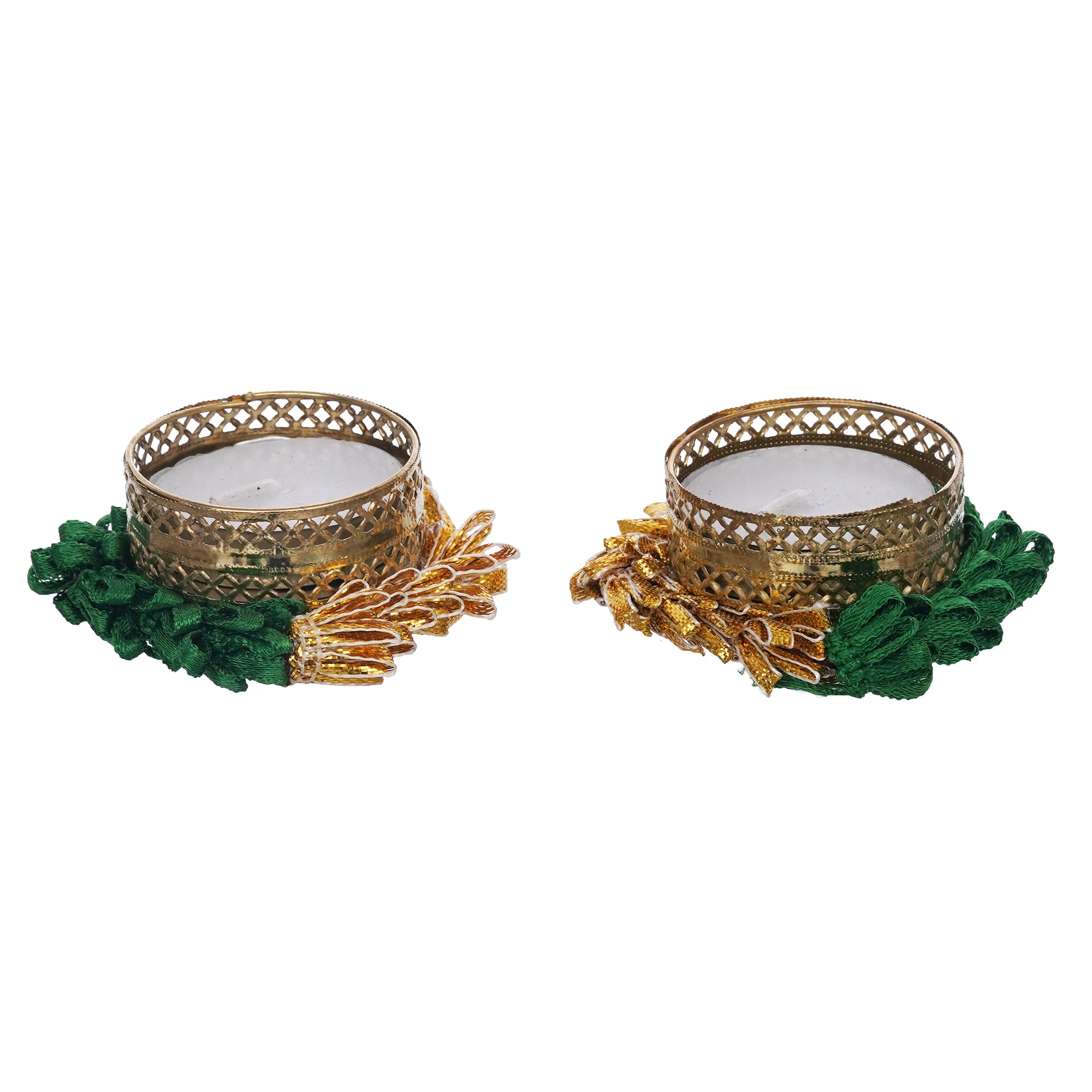 eCraftIndia Set of 2 Green and Golden Handcrafted Decorative Tea Light Candle Holders 2