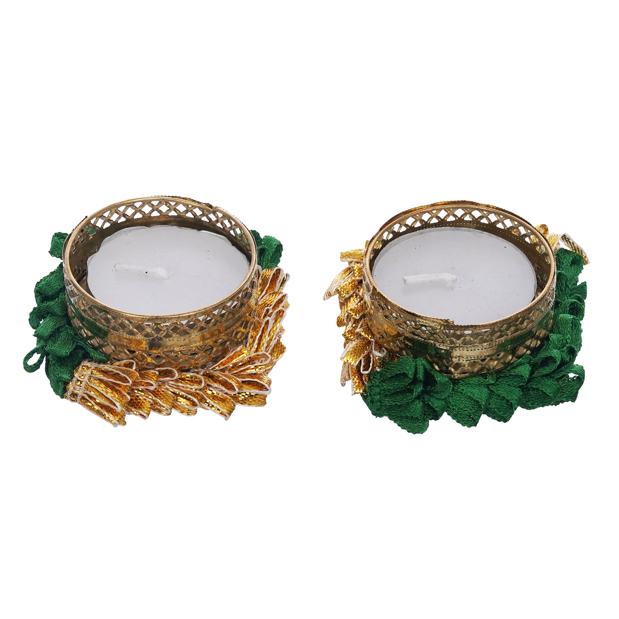 eCraftIndia Set of 2 Green and Golden Handcrafted Decorative Tea Light Candle Holders 6