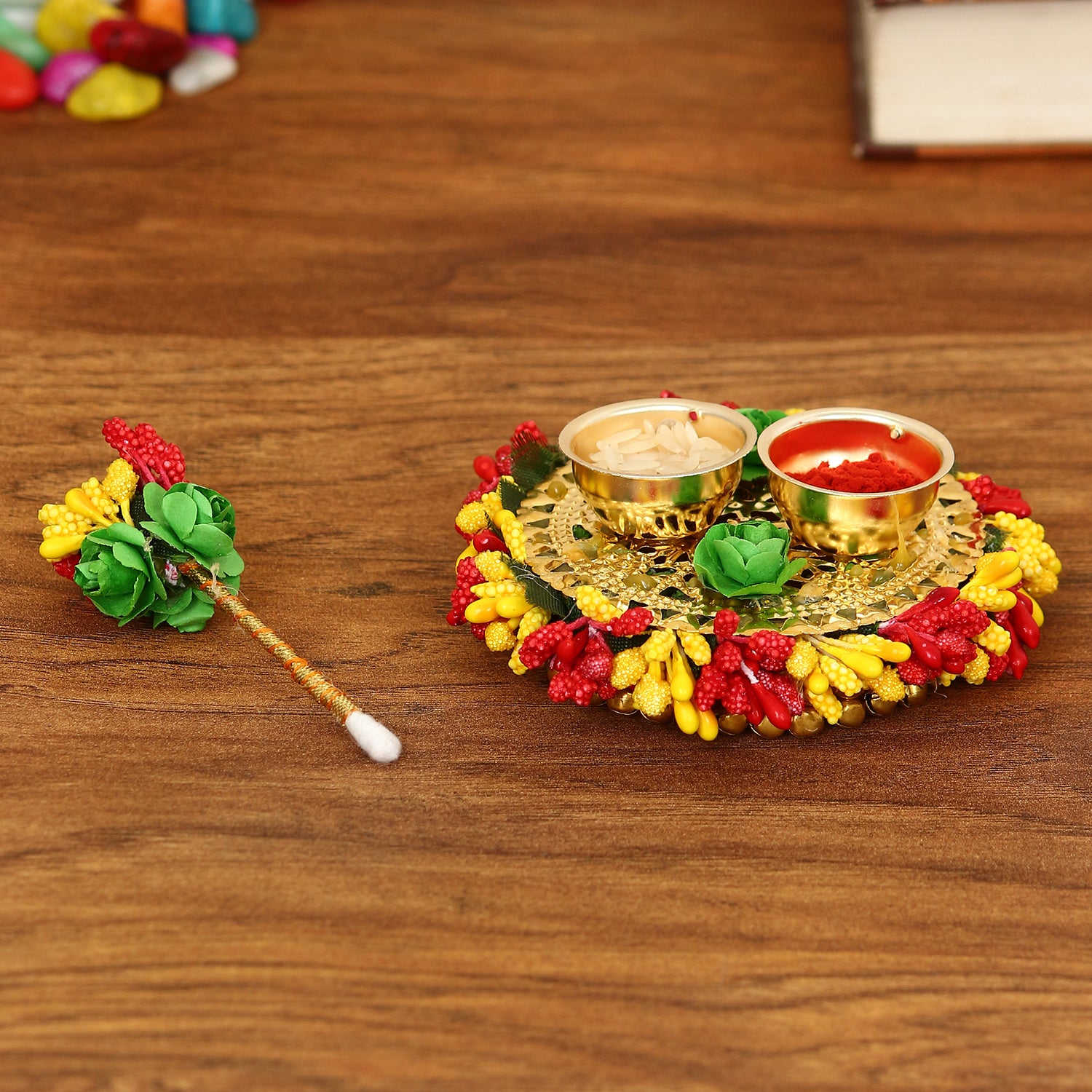 Handicrafted Decorative Roli Tikka, Haldi Kumkum Holder With Designer Stick