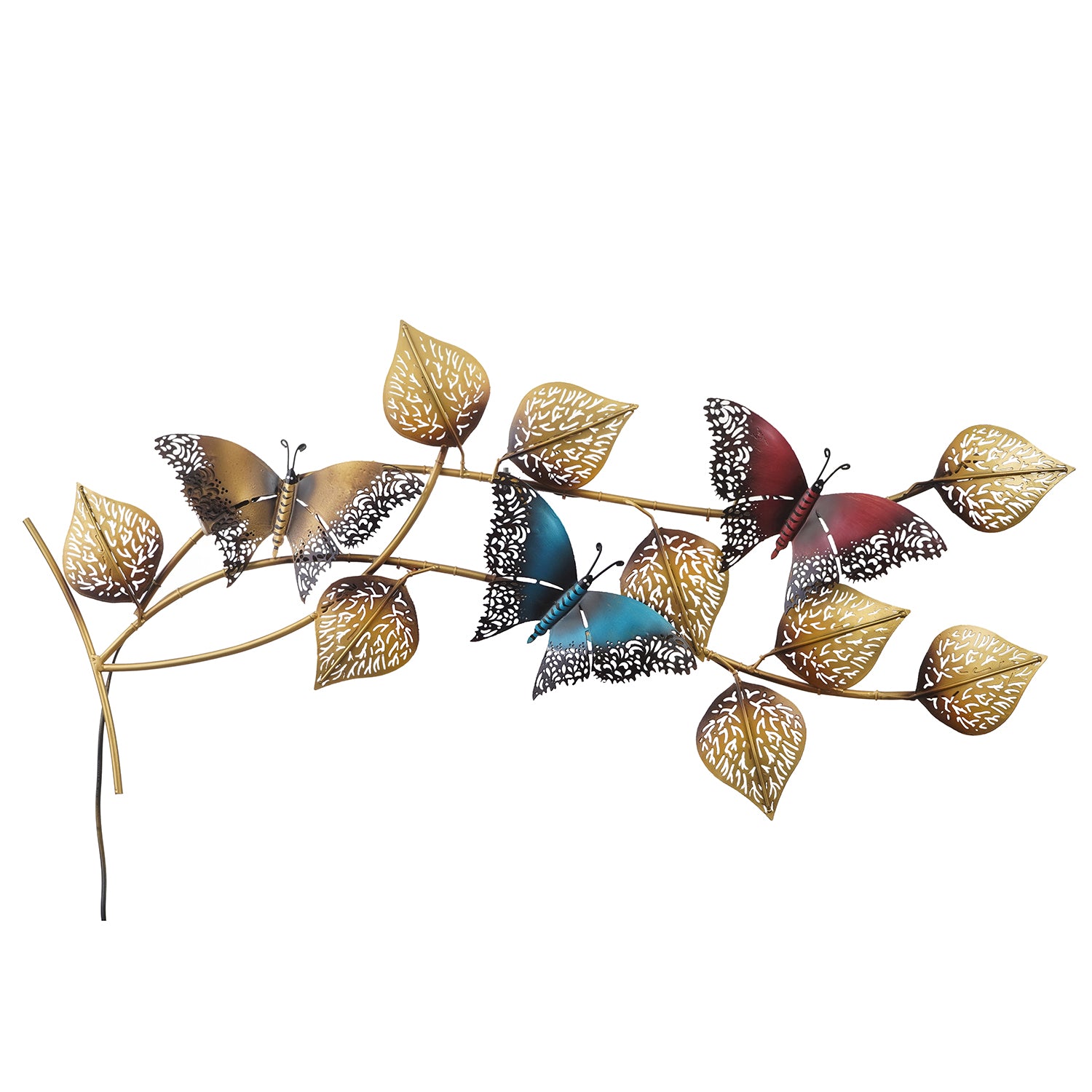 Decorative Leaves and Butterfly Design Handcrafted Iron Wall Hanging with background LED's(Brown, Golden and Blue) 2