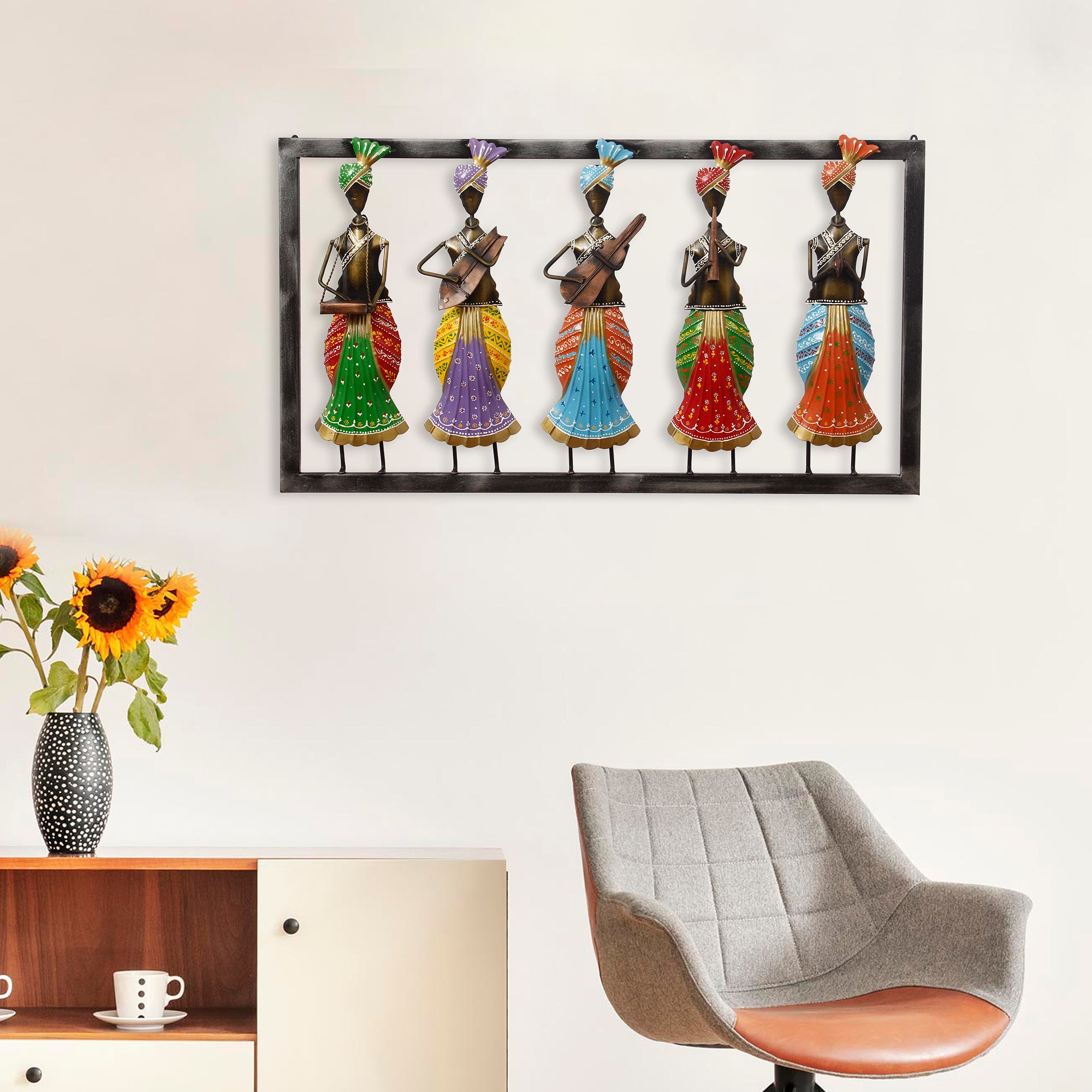 Set of 5 Tribal Women Playing Different Musical Instruments Colorful Decorative Iron Wall Hanging (Orange, Red, Blue, Purple, and Green) 1