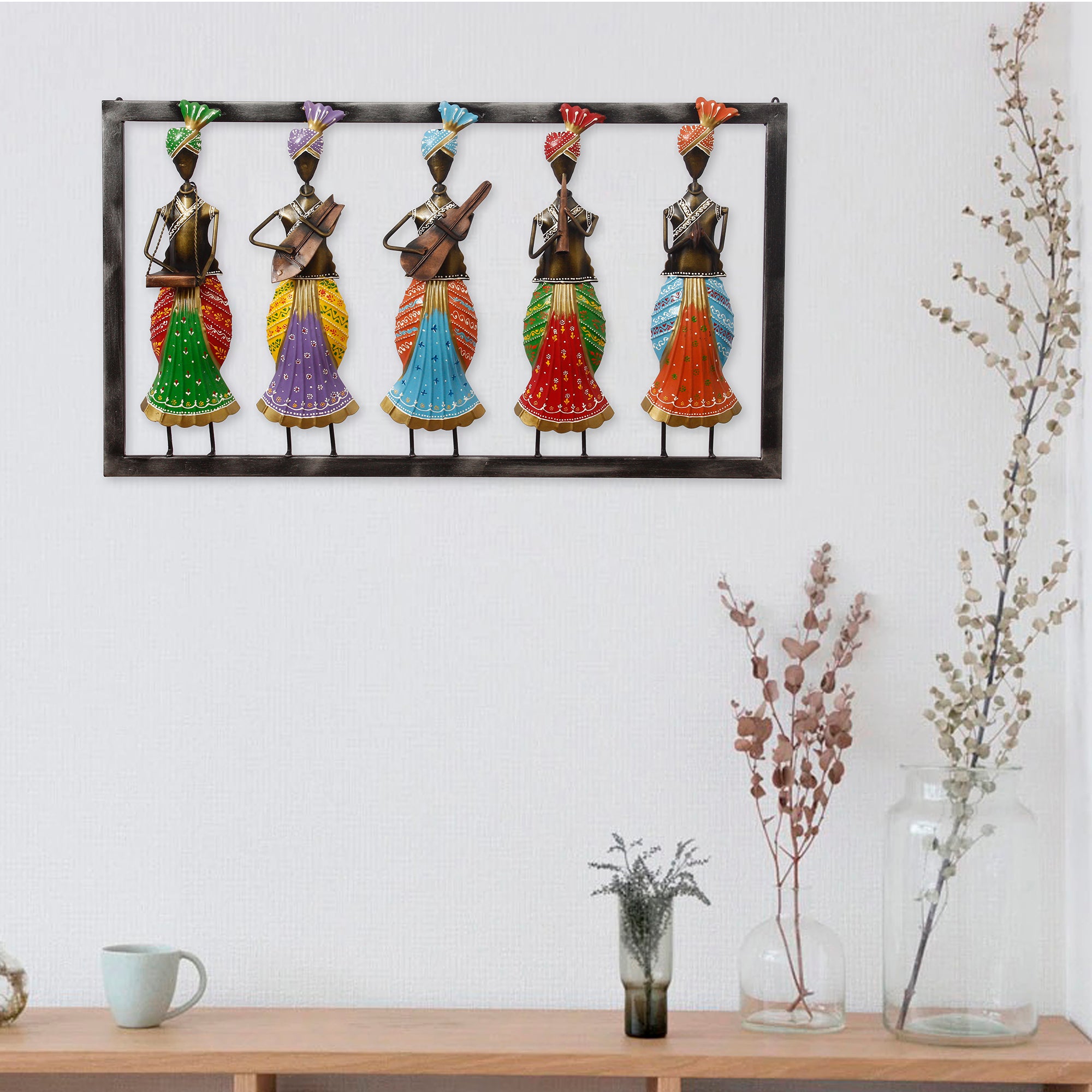 Set of 5 Tribal Women Playing Different Musical Instruments Colorful Decorative Iron Wall Hanging (Orange, Red, Blue, Purple, and Green)