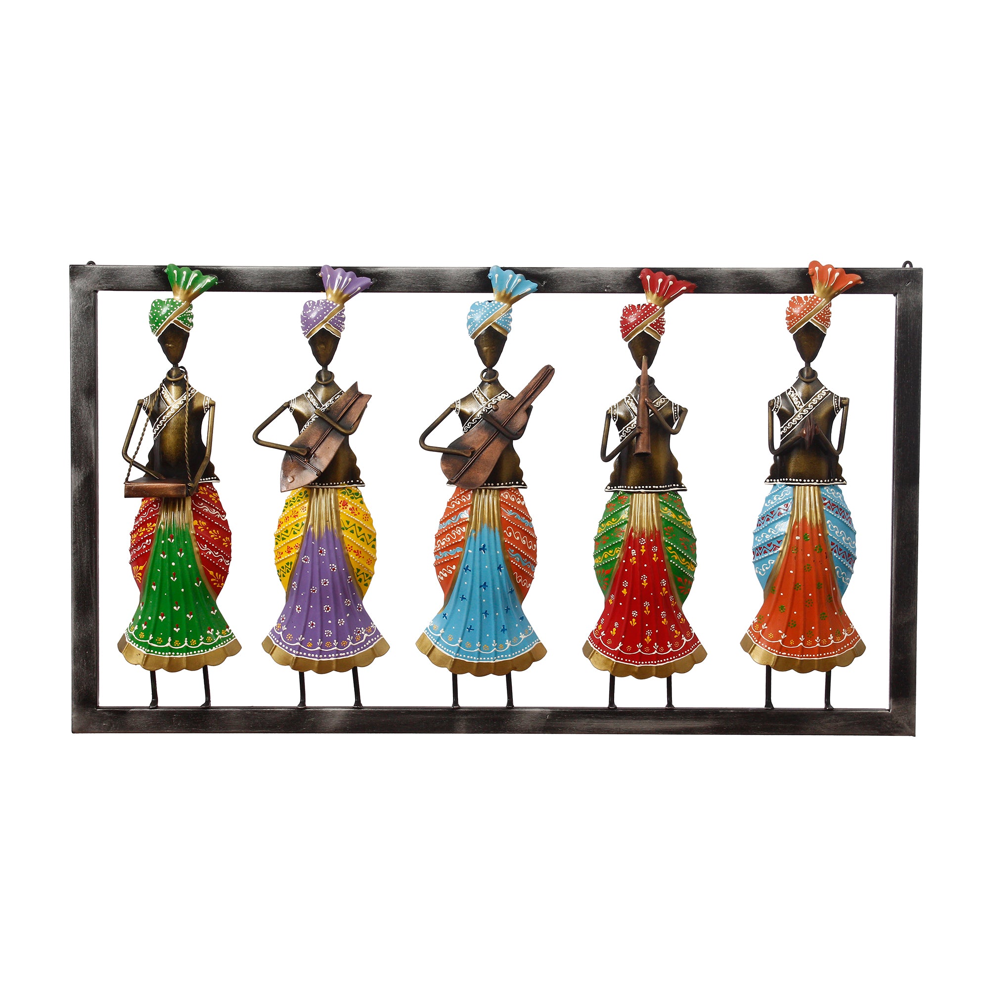 Set of 5 Tribal Women Playing Different Musical Instruments Colorful Decorative Iron Wall Hanging (Orange, Red, Blue, Purple, and Green) 2