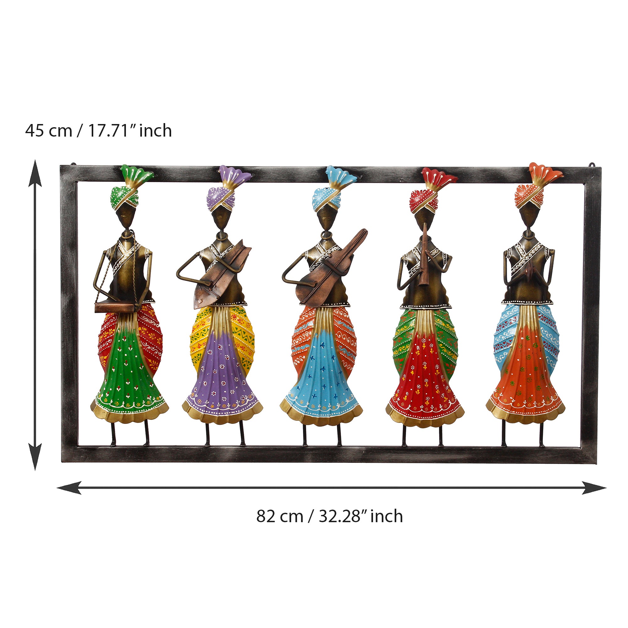 Set of 5 Tribal Women Playing Different Musical Instruments Colorful Decorative Iron Wall Hanging (Orange, Red, Blue, Purple, and Green) 3