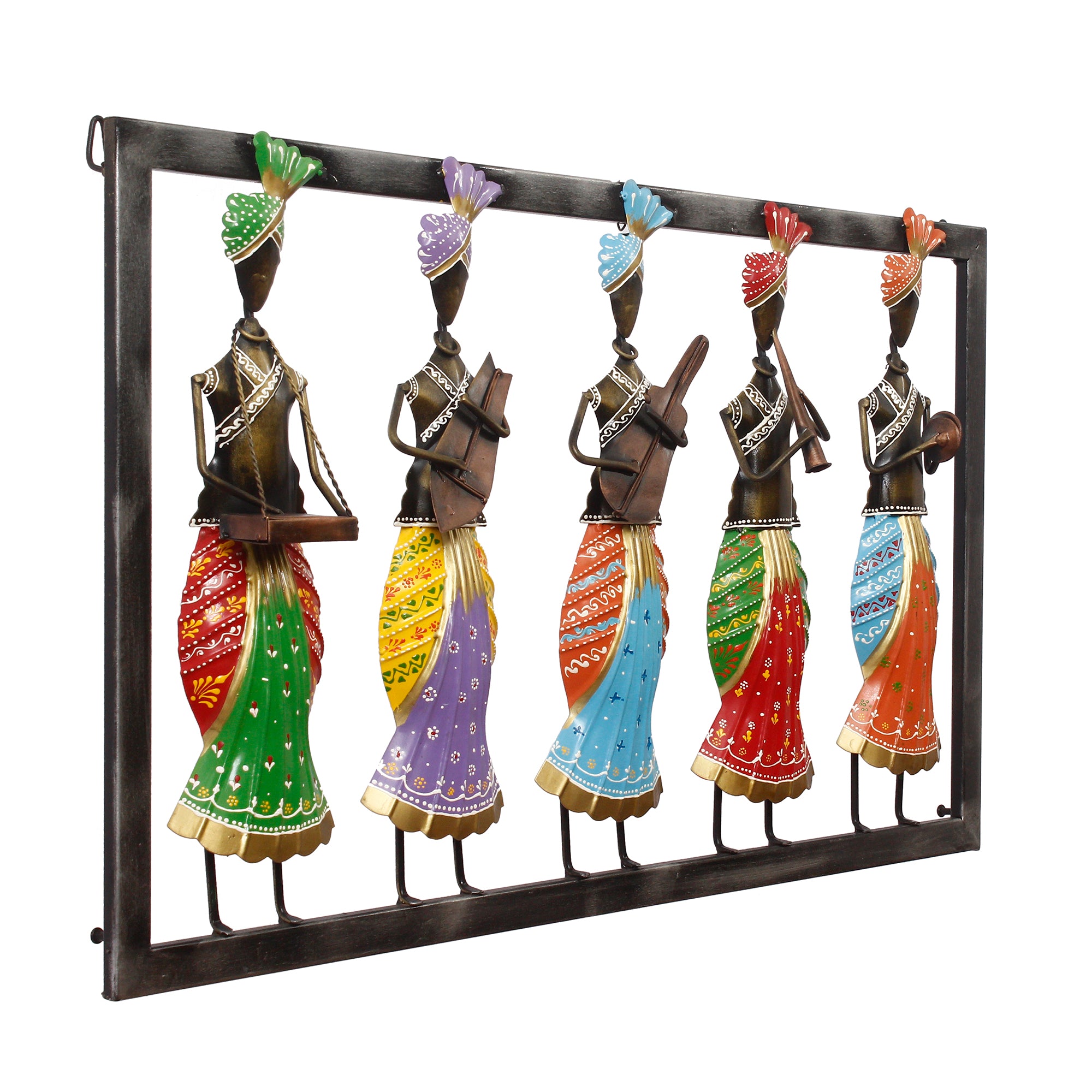 Set of 5 Tribal Women Playing Different Musical Instruments Colorful Decorative Iron Wall Hanging (Orange, Red, Blue, Purple, and Green) 4