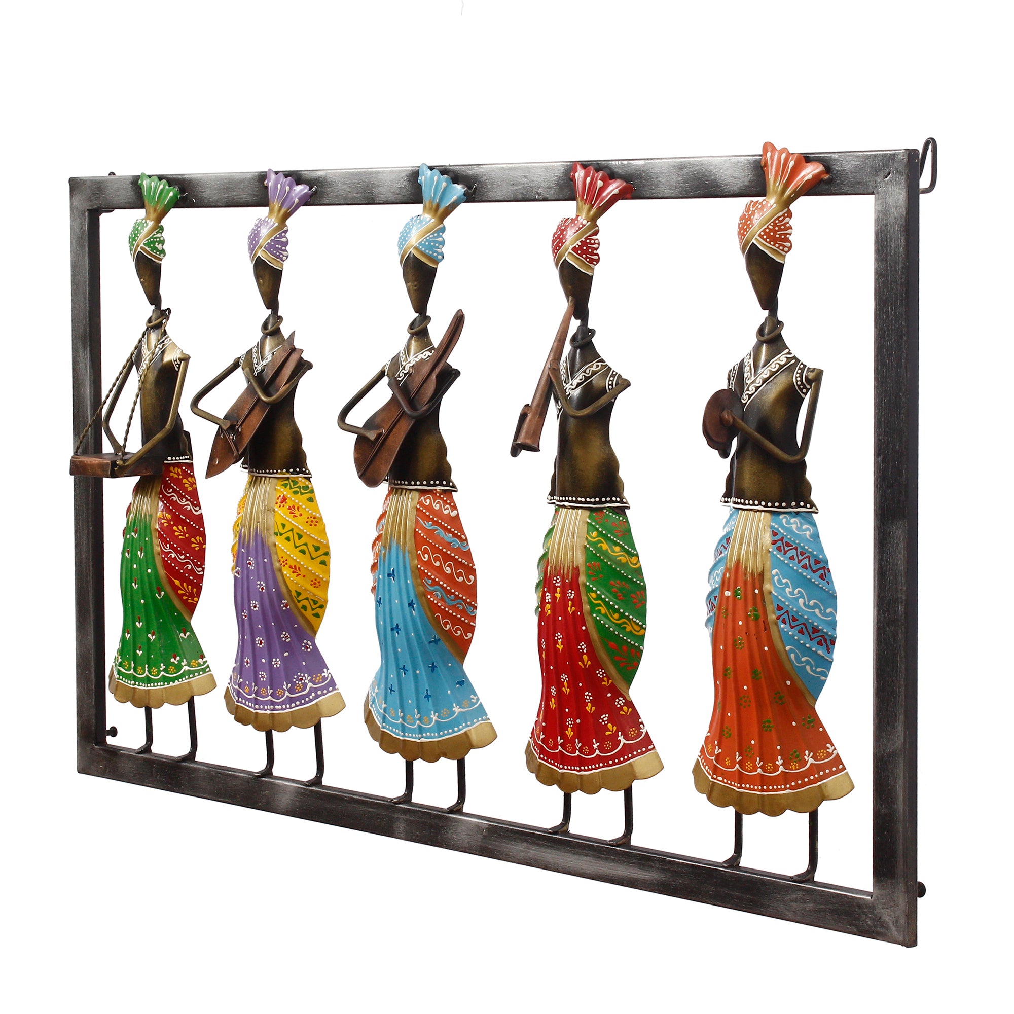 Set of 5 Tribal Women Playing Different Musical Instruments Colorful Decorative Iron Wall Hanging (Orange, Red, Blue, Purple, and Green) 5