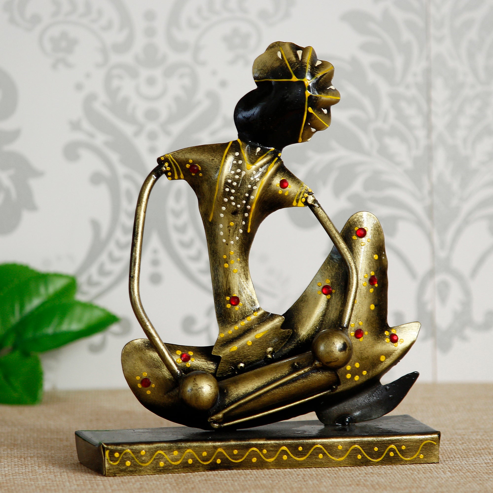 Iron Tribal Man Figurine with Paghdi Playing Dholak Musical Instrument Decorative Showpiece (Golden and Black)