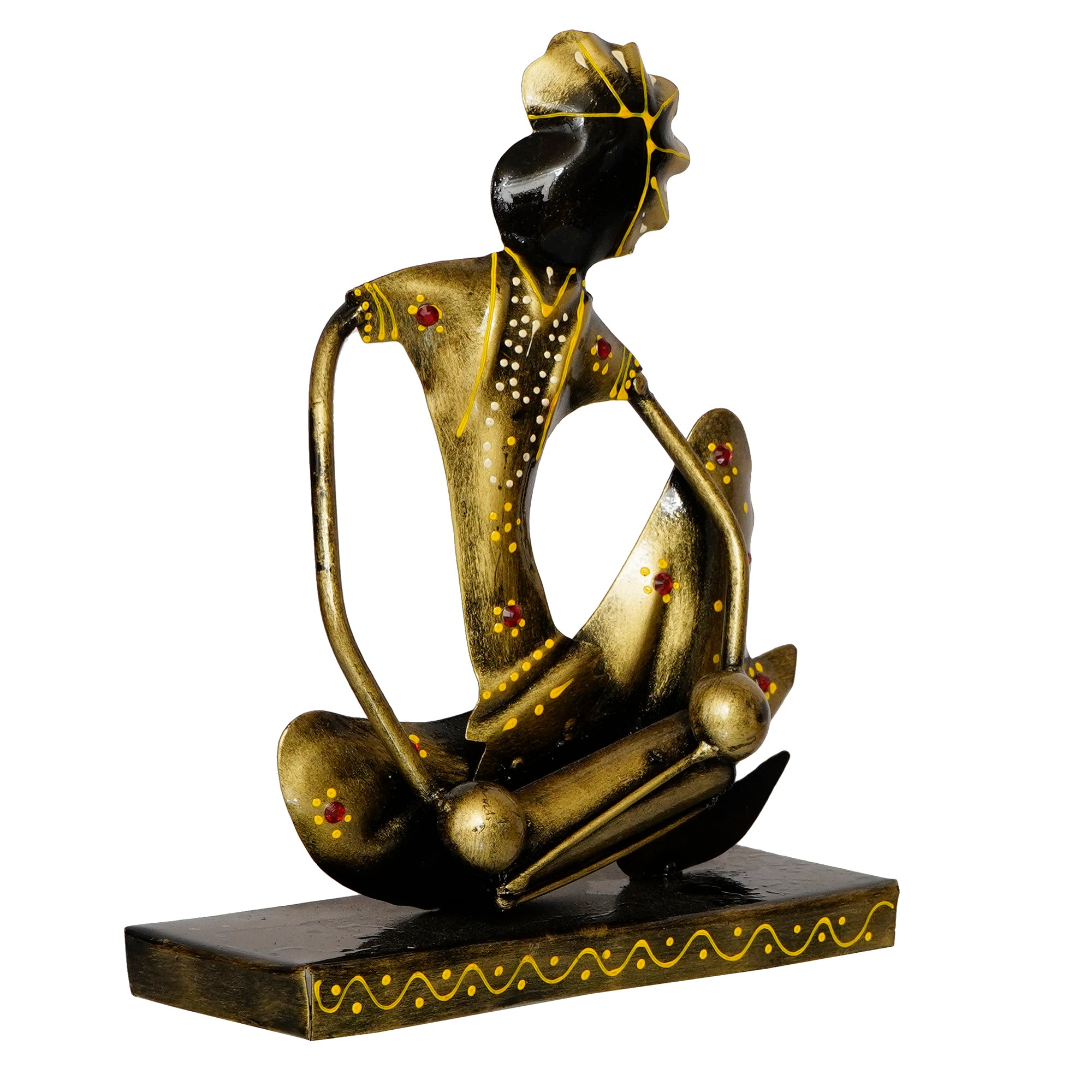 Iron Tribal Man Figurine with Paghdi Playing Dholak Musical Instrument Decorative Showpiece (Golden and Black) 2