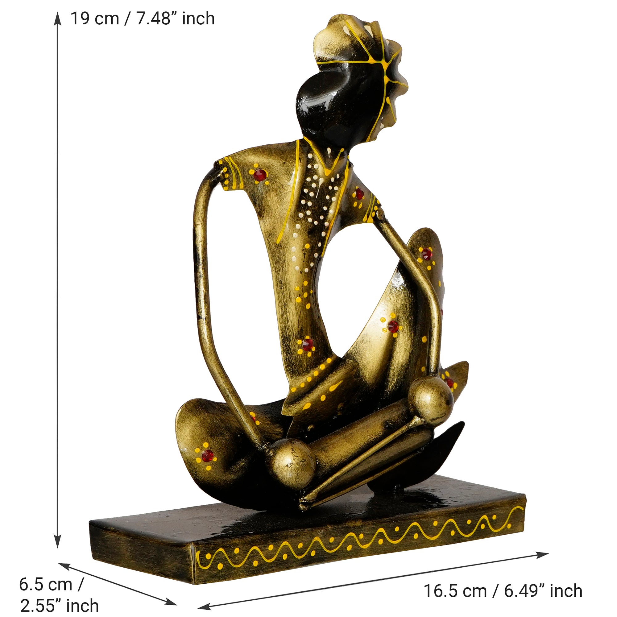 Iron Tribal Man Figurine with Paghdi Playing Dholak Musical Instrument Decorative Showpiece (Golden and Black) 3