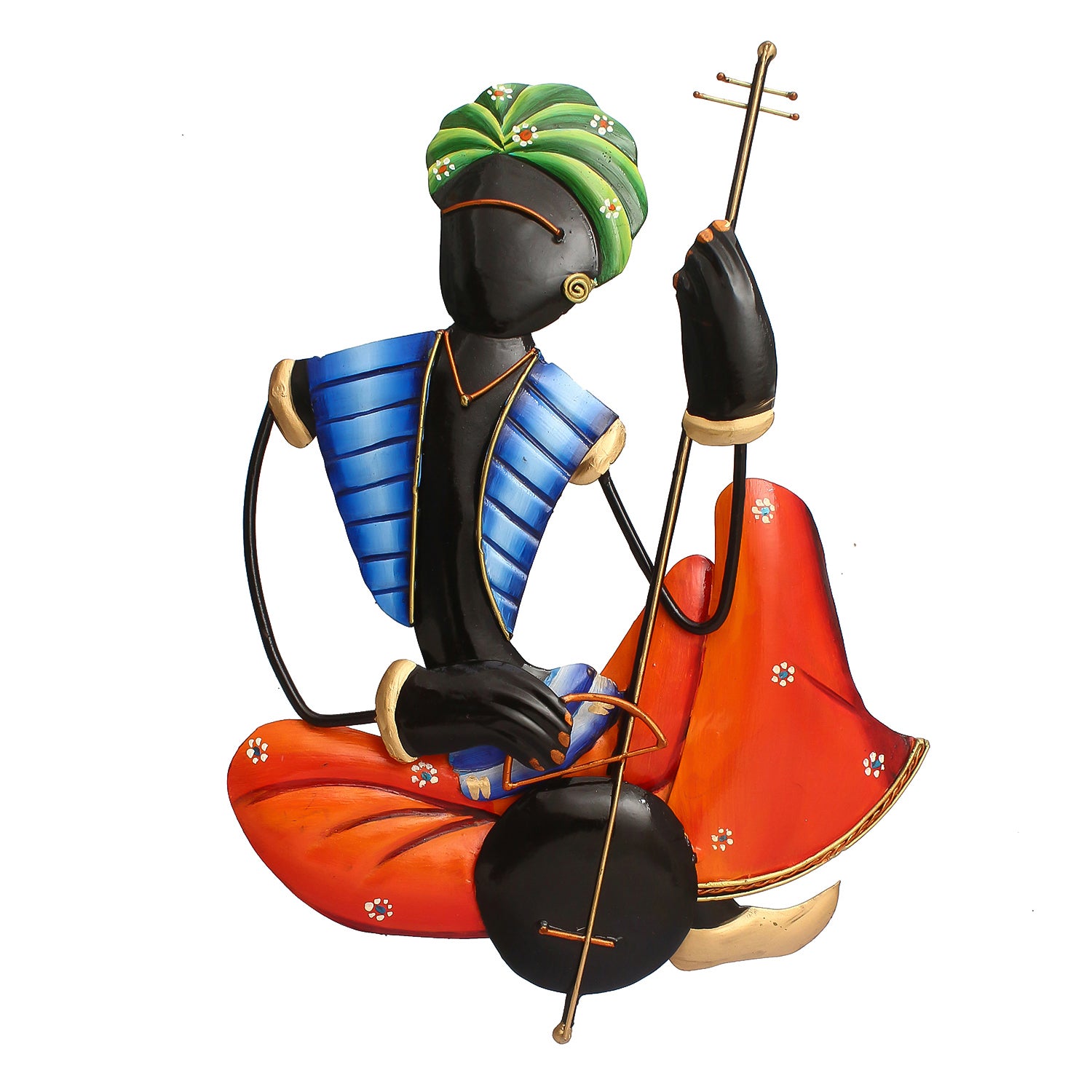 Musician Tribal Man Playing Veena Wall Hanging (Orange, Blue, Black and Green) 2