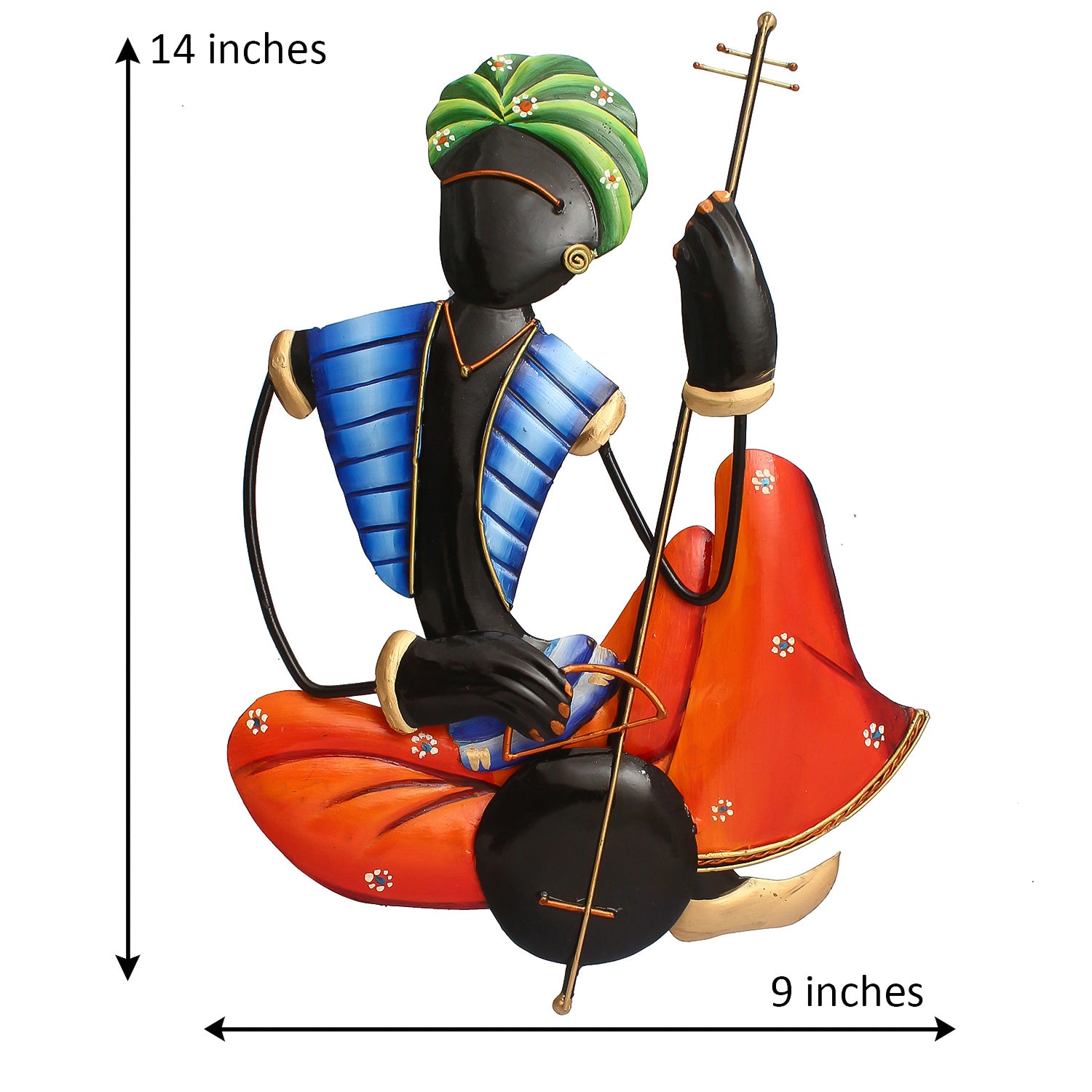 Musician Tribal Man Playing Veena Wall Hanging (Orange, Blue, Black and Green) 3