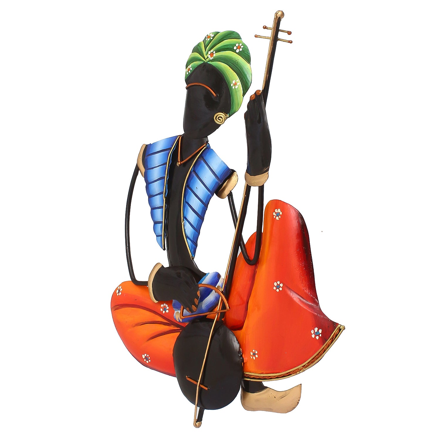 Musician Tribal Man Playing Veena Wall Hanging (Orange, Blue, Black and Green) 5