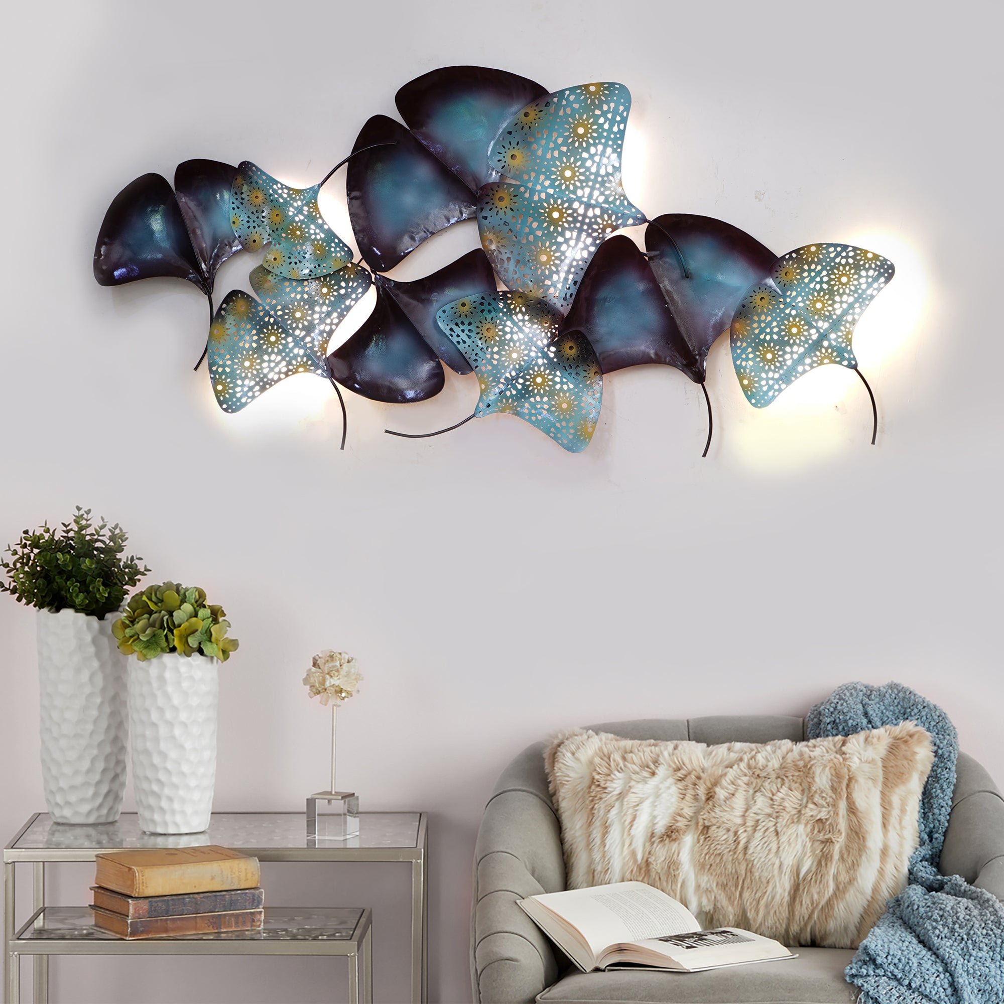 Abstract Colorful Leaves Collection Handcrafted Iron Wall Hanging with Background LED's 1