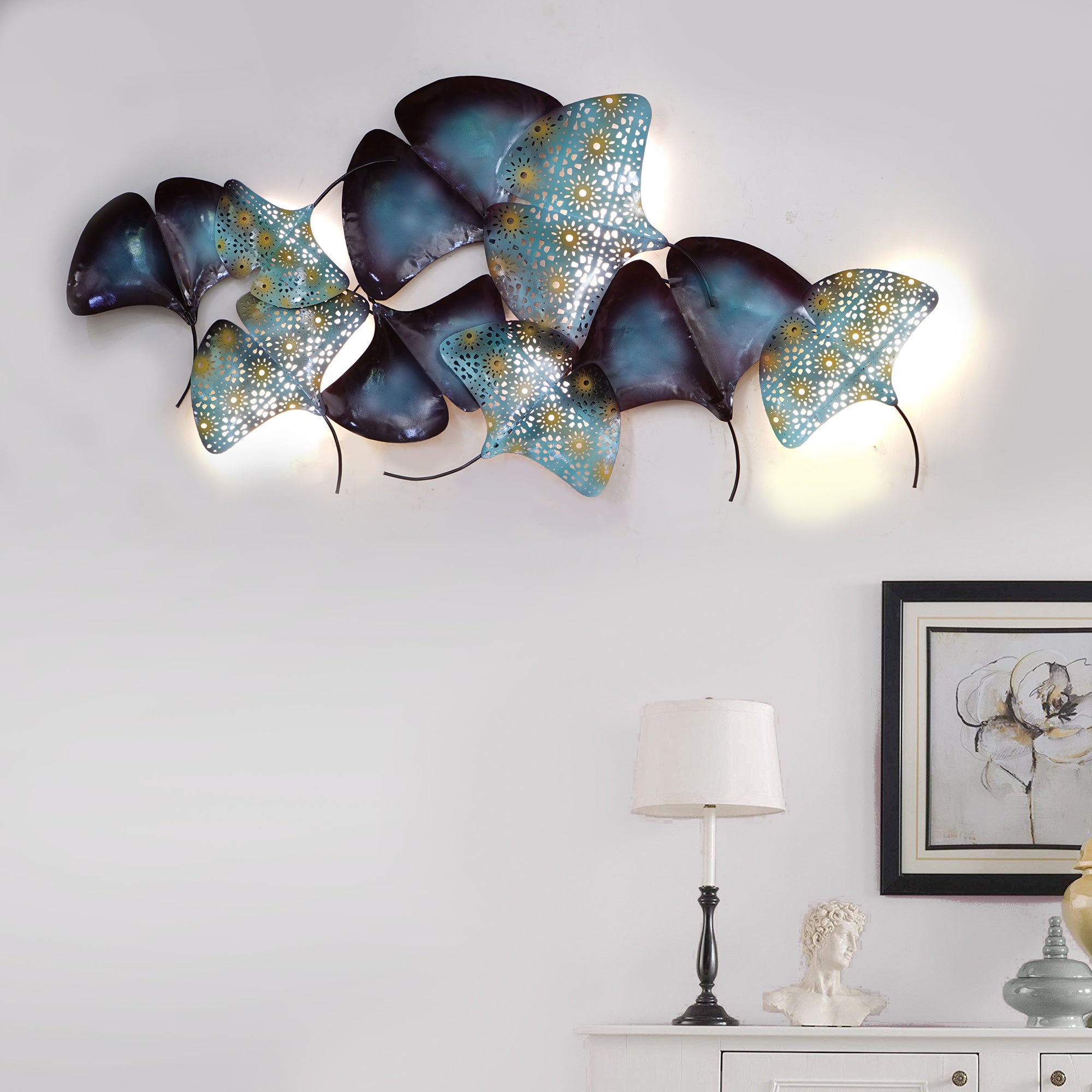 Abstract Colorful Leaves Collection Handcrafted Iron Wall Hanging with Background LED's