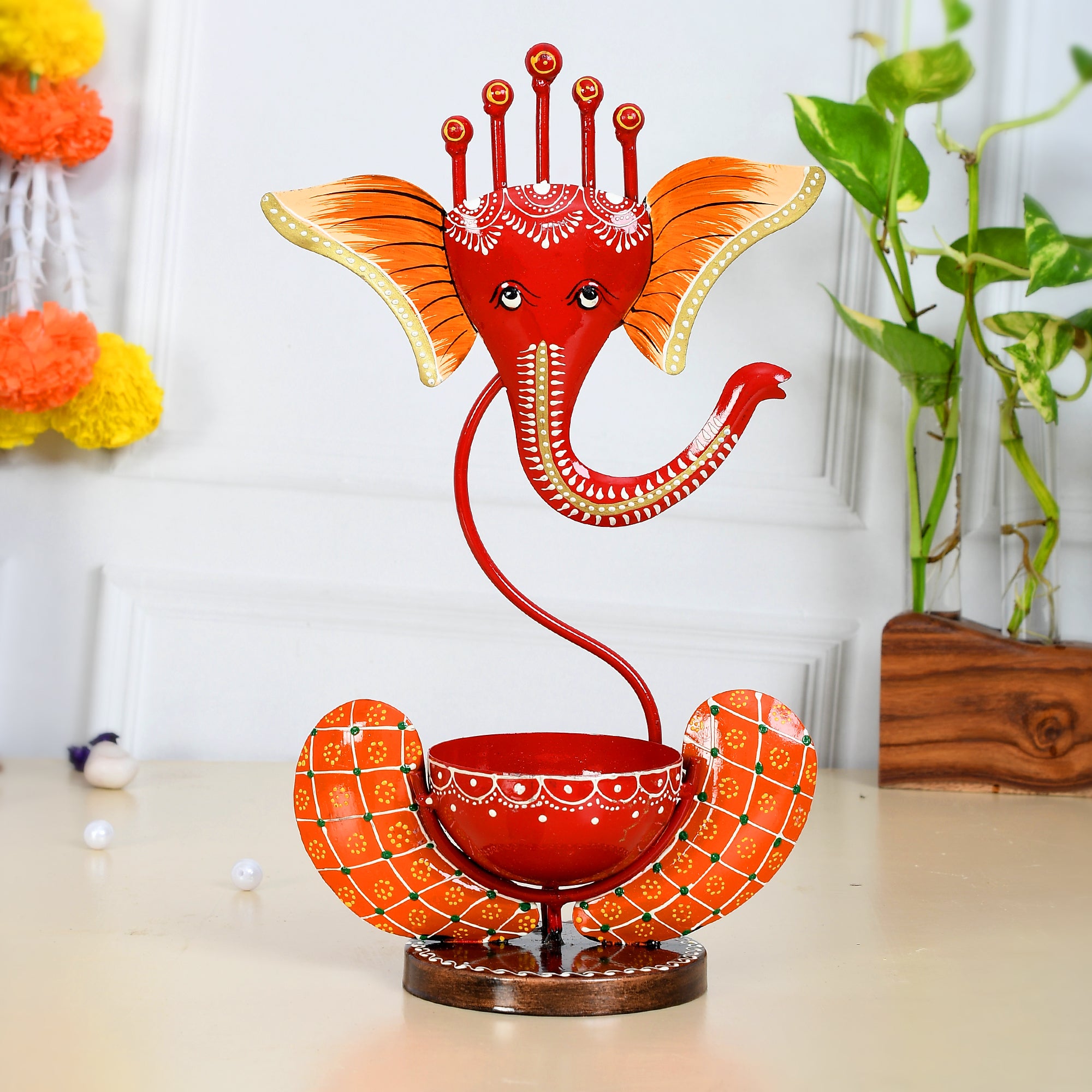 Lord Ganesha Iron Decorative Tea Light Holder- Red & Orange 4