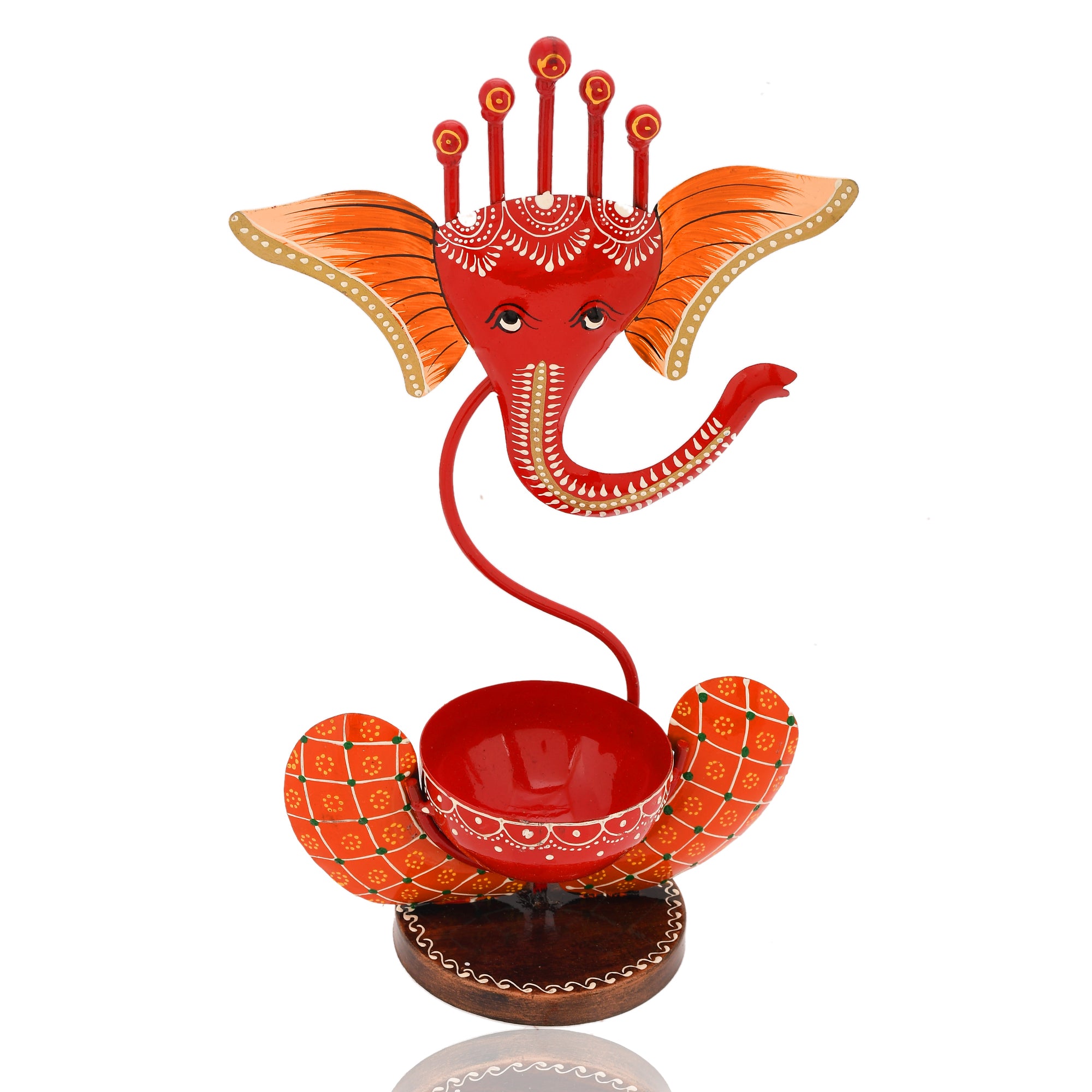 Lord Ganesha Iron Decorative Tea Light Holder- Red & Orange