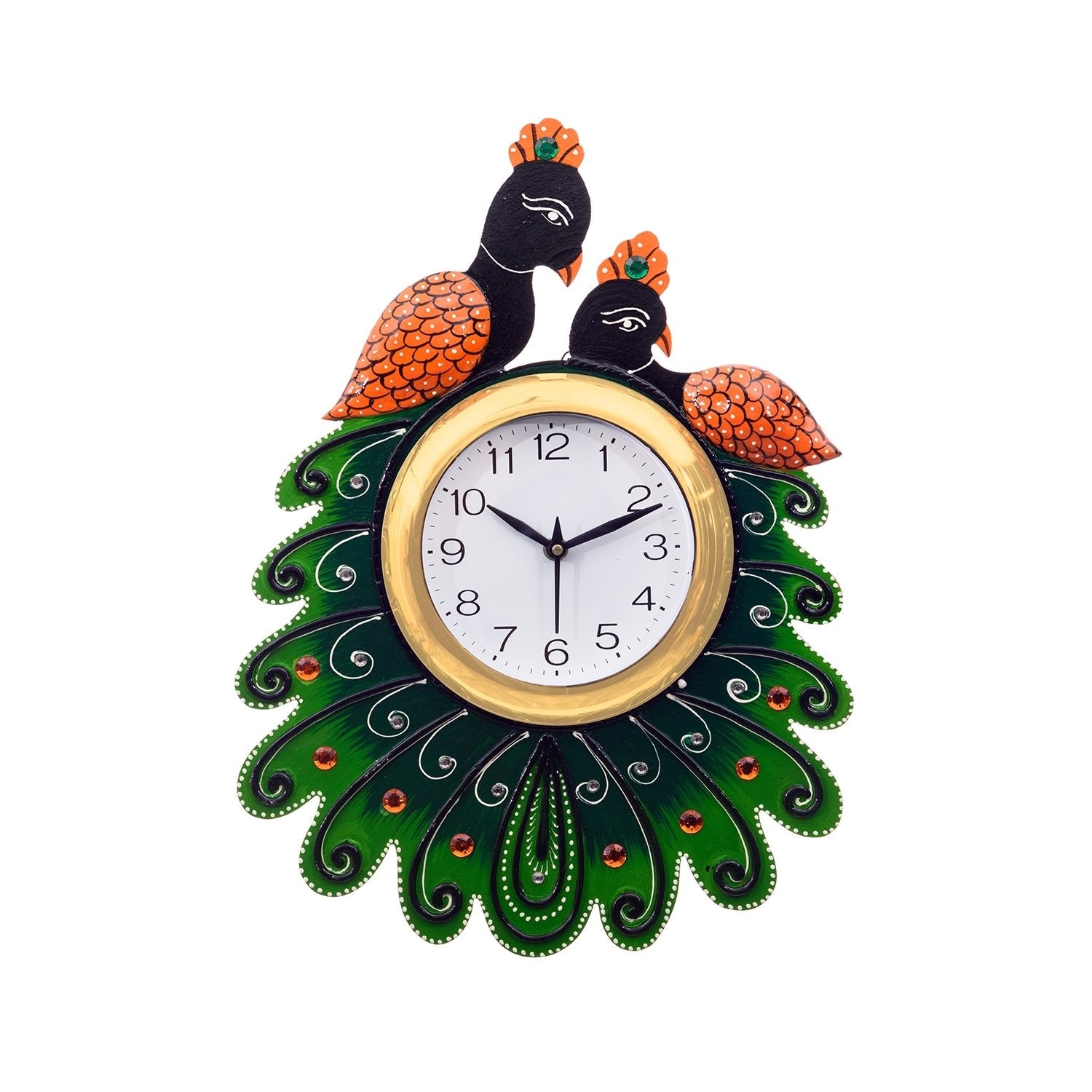 Handicrafted Papier Mache Wooden Peacocks Decorative Wall Clock