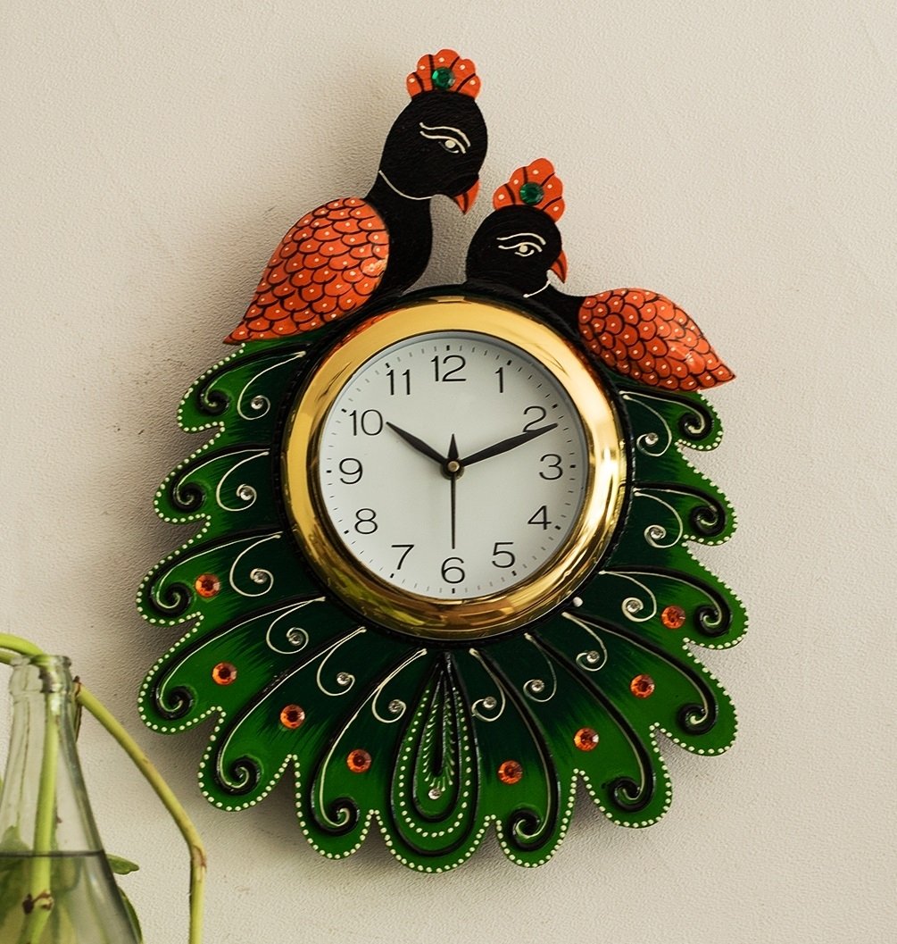 Handicrafted Papier Mache Wooden Peacocks Decorative Wall Clock 1