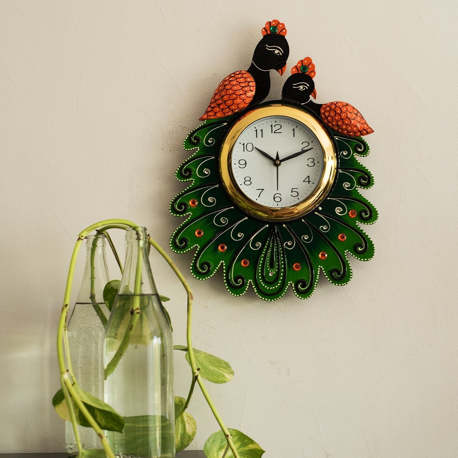 Handicrafted Papier Mache Wooden Peacocks Decorative Wall Clock 3