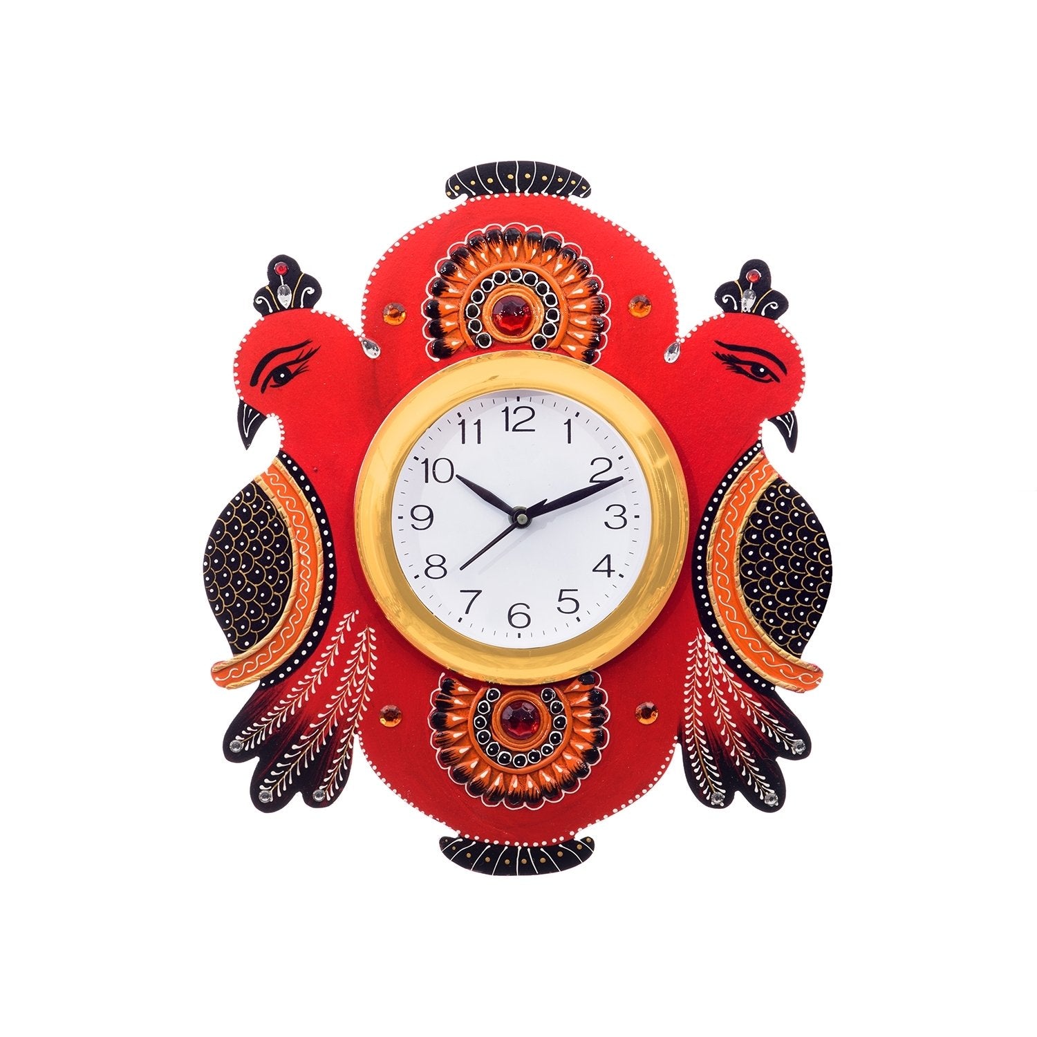 Handicrafted Papier Mache Wooden Peacocks Decorative Wall Clock