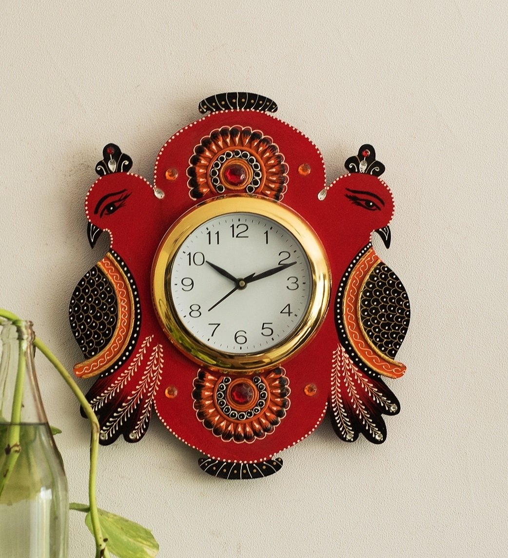 Handicrafted Papier Mache Wooden Peacocks Decorative Wall Clock 1