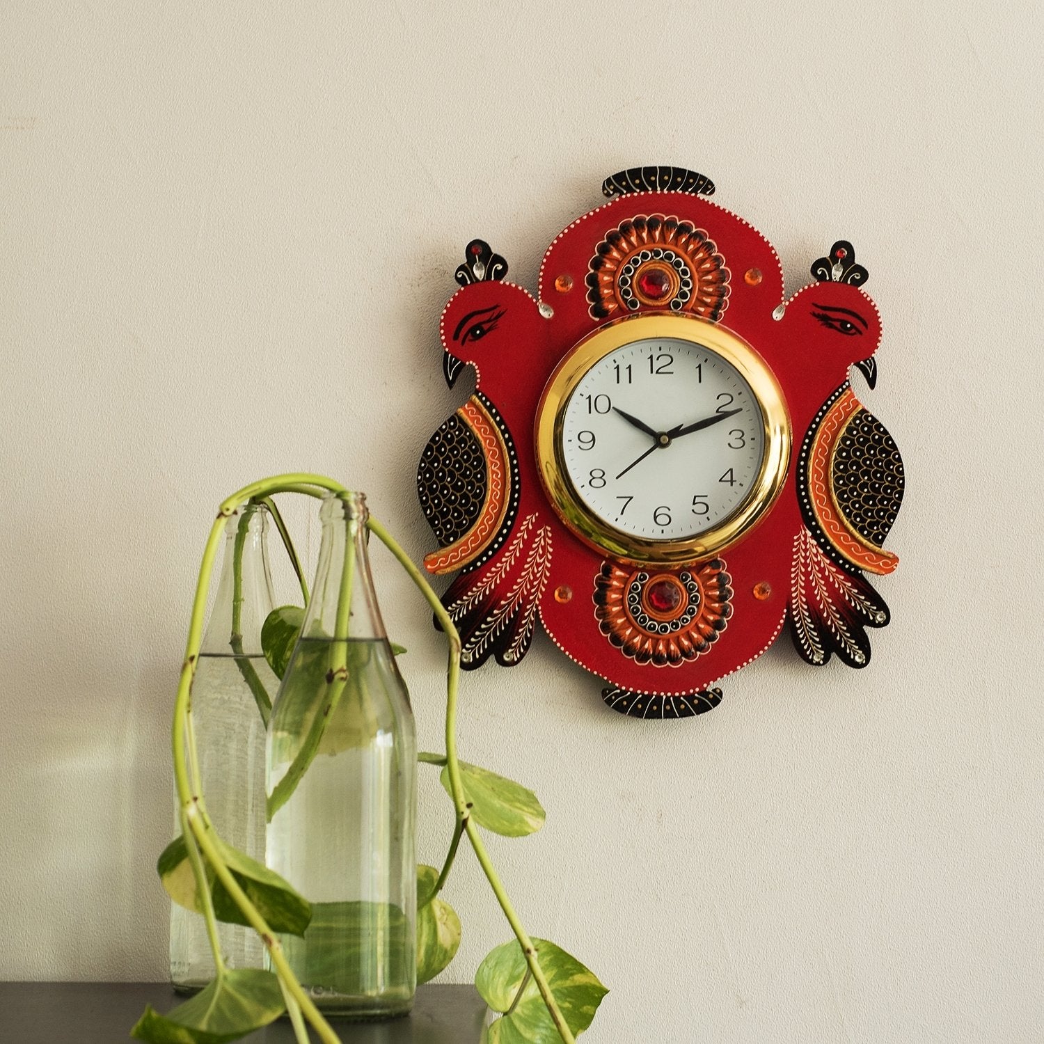 Handicrafted Papier Mache Wooden Peacocks Decorative Wall Clock 3