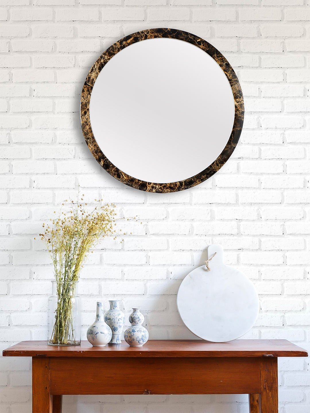 Black Unique Design Stylish Plastic Fiber Round Shape Mirror (37*37*4 cm) 1