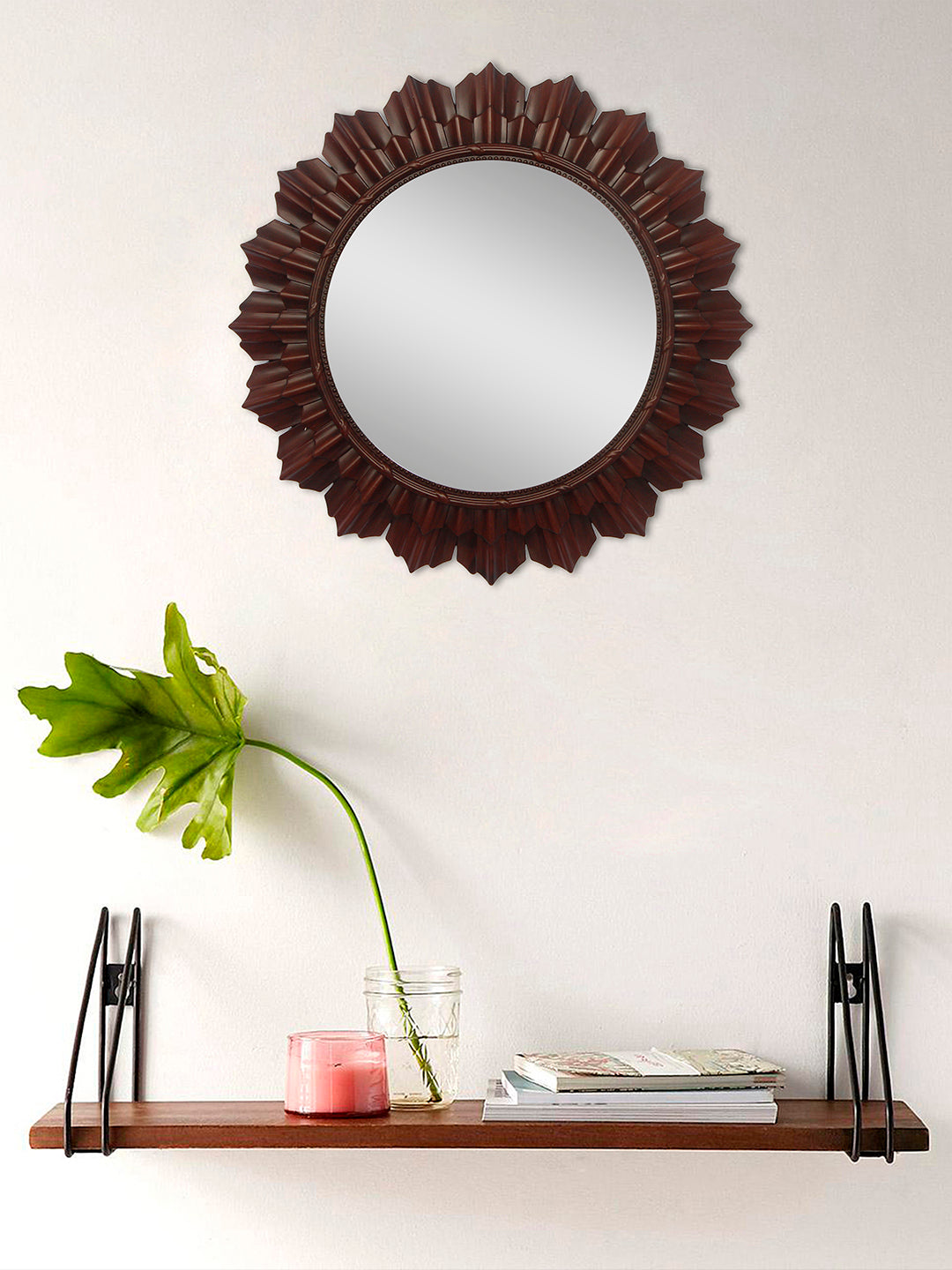 Beautiful Stylish Plastic Fiber Round Wall Mount Mirror (40*40*6 cm, Brown)