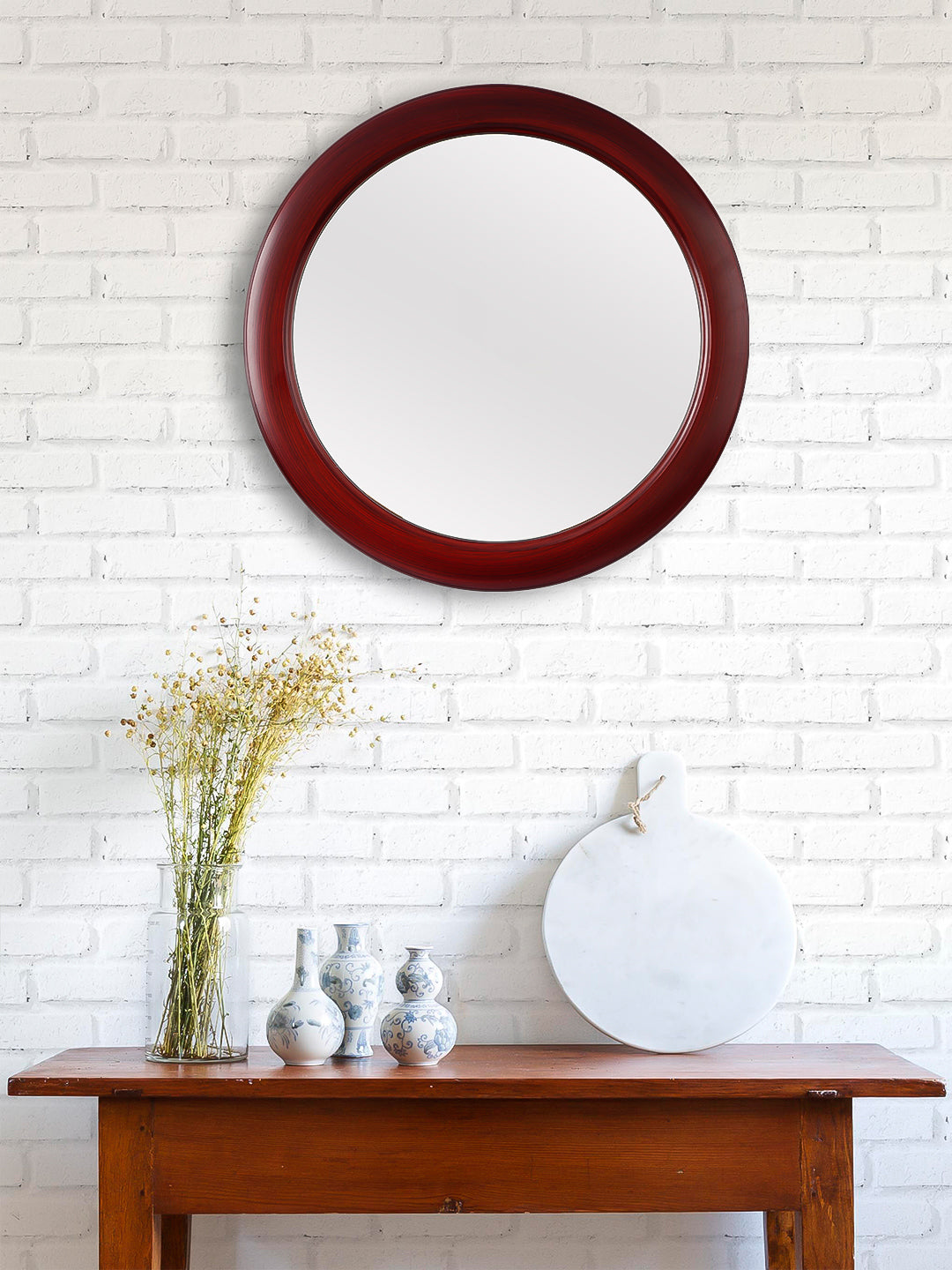 Red Unique Design Stylish Plastic Fiber Round Shape Mirror (41*41*4 cm)