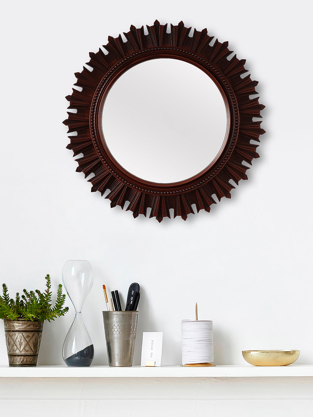 Beautiful Design Stylish Brown Plastic Fiber Round Shape Mirror (40*40*4 cm)