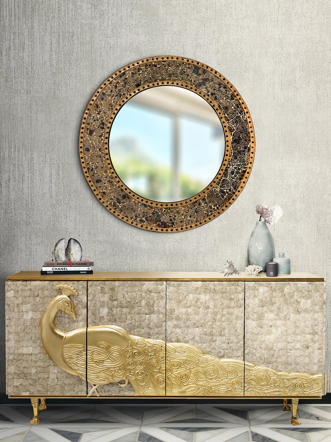 Golden Color Handicrafts Antique Looking Decorative Wooden Wall Mounted Wall Mirror (60*60 cm)