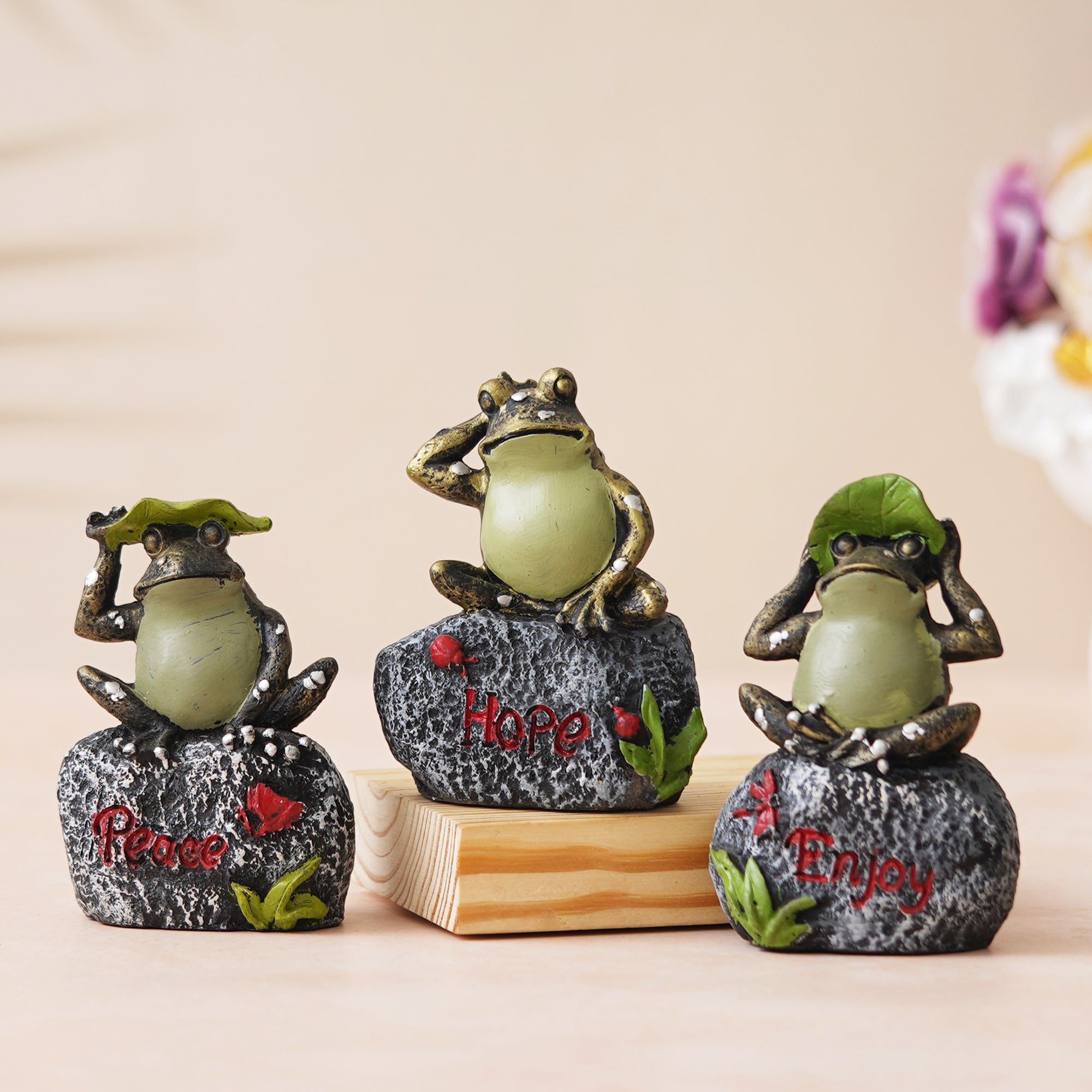 eCraftIndia Set of 3 Green Polyresin Tortoise Statues Sitting on Stone Decorative Showpieces