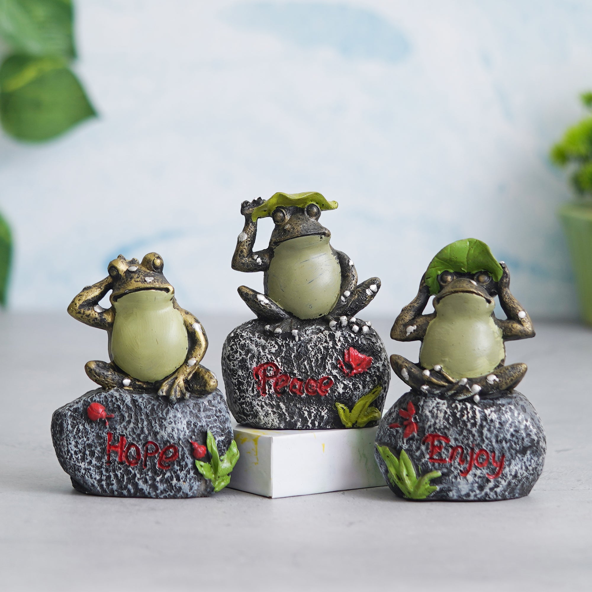 eCraftIndia Set of 3 Green Polyresin Tortoise Statues Sitting on Stone Decorative Showpieces 4