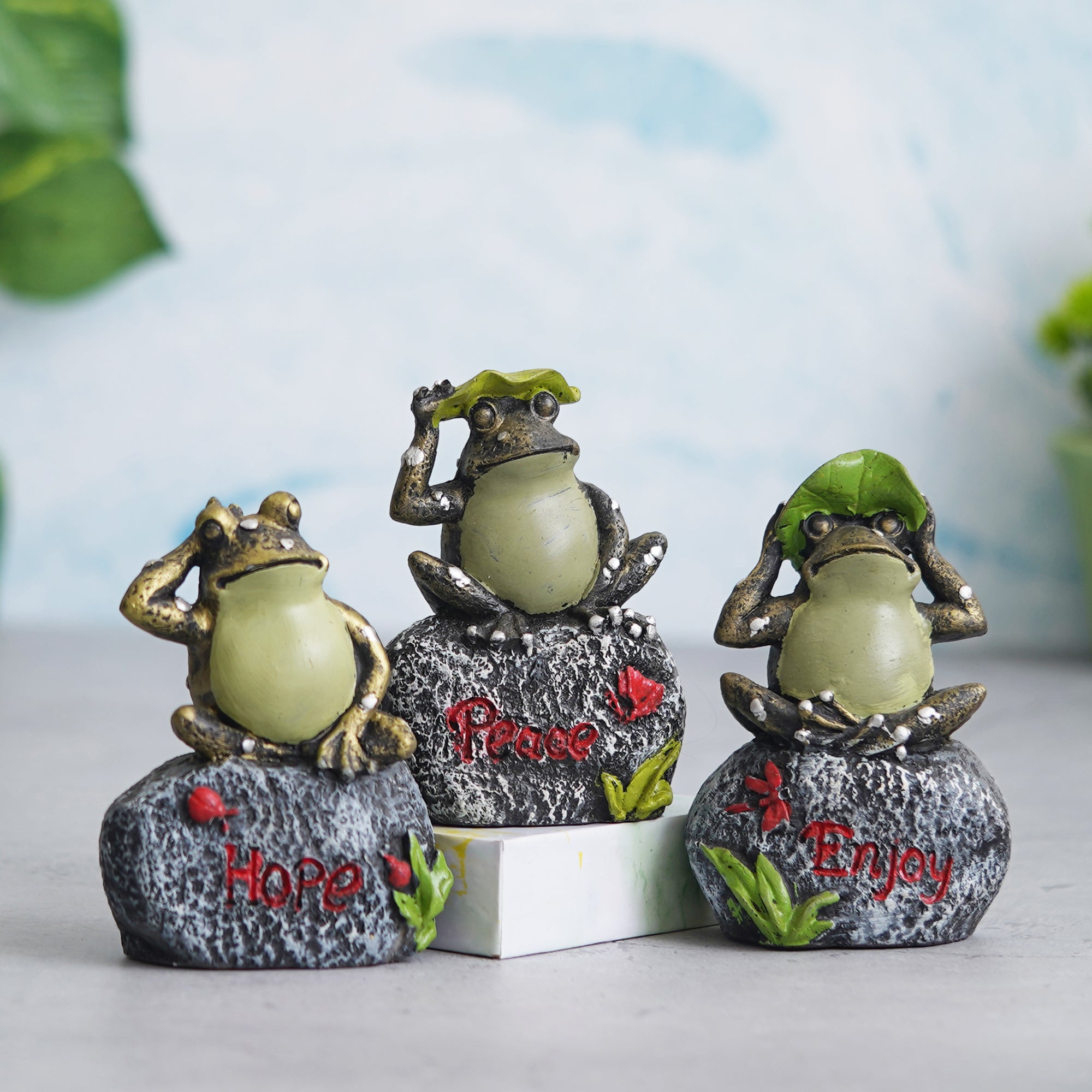 eCraftIndia Set of 3 Green Polyresin Tortoise Statues Sitting on Stone Decorative Showpieces 5